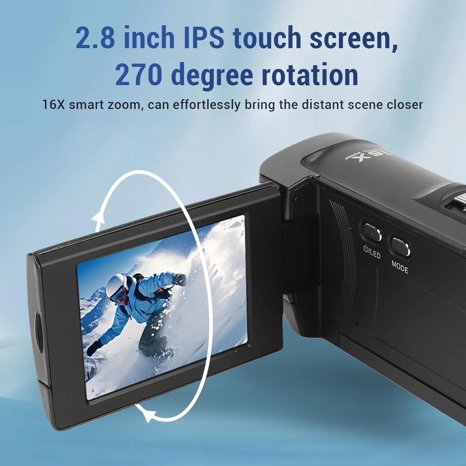 دوربین فیلمبرداری 2.7K 50MP با زوم دیجیتال 16X، وب کم، چرخش 270 درجه، نور LED، برای یوتیوب و مسافرت دوربین فیلمبرداری 2.7K 50MP با زوم دیجیتال 16X، وب کم، چرخش 270 درجه، نور LED، برای یوتیوب و مسافرت