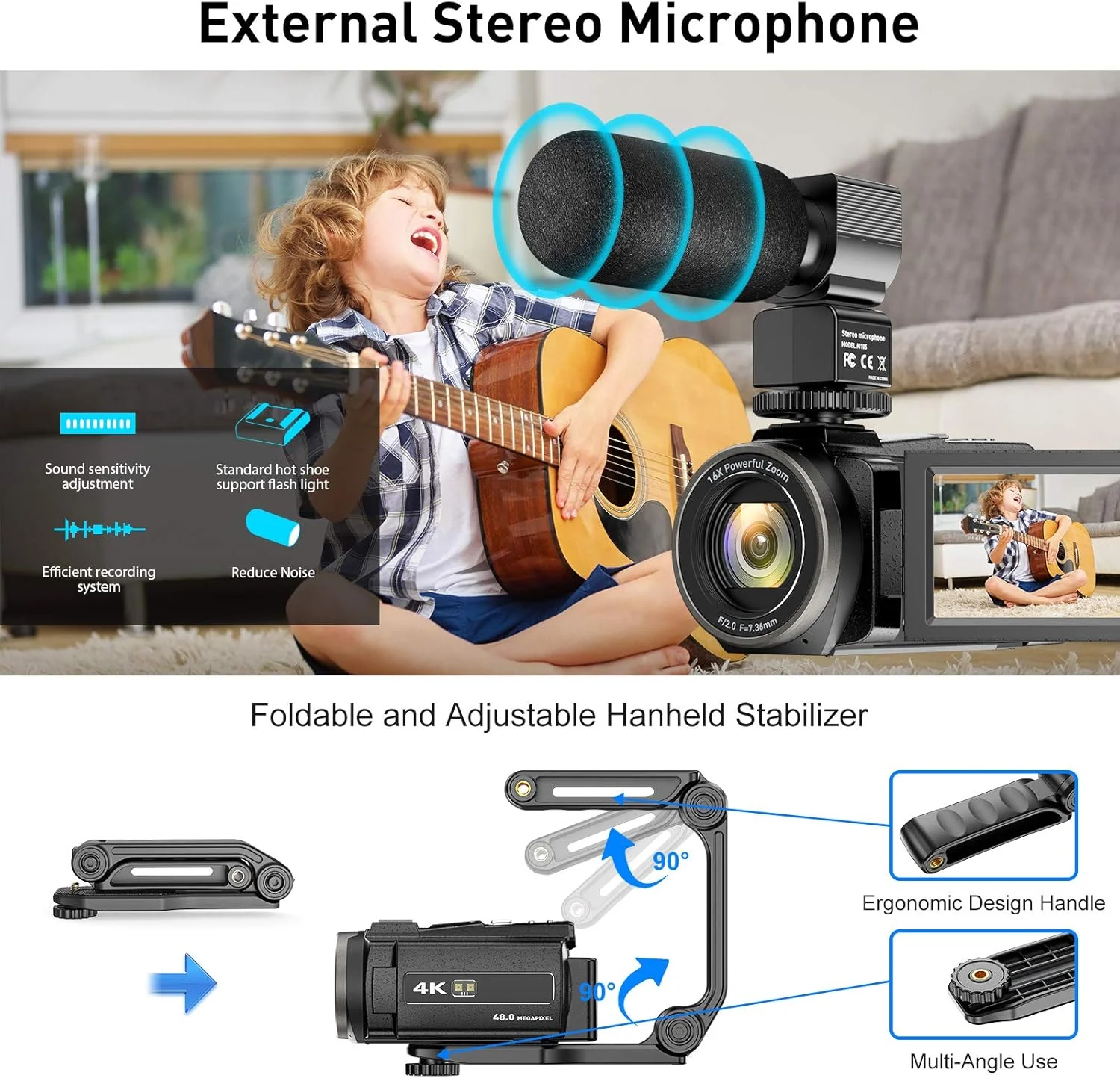 دوربین فیلمبرداری 4K UHD 48MP WiFi دید در شب مادون قرمز دوربین ولاگینگ برای یوتیوب صفحه لمسی زوم دیجیتال 16X ضبط کننده دوربین با میکروفون، تثبیت کننده دستی، هود لنز، ریموت، 2 باتری