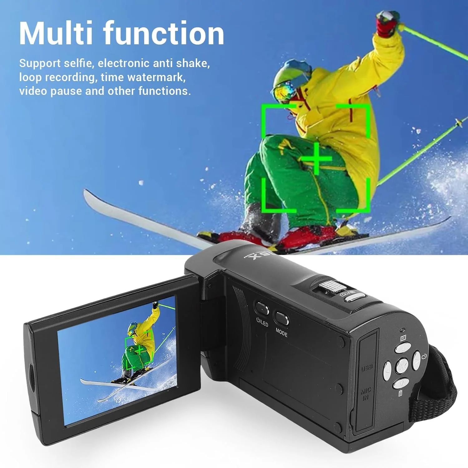 دوربین فیلمبرداری 2.7K 50MP با زوم دیجیتال 16X، وب کم، چرخش 270 درجه، نور LED، برای یوتیوب و مسافرت دوربین فیلمبرداری 2.7K 50MP با زوم دیجیتال 16X، وب کم، چرخش 270 درجه، نور LED، برای یوتیوب و مسافرت