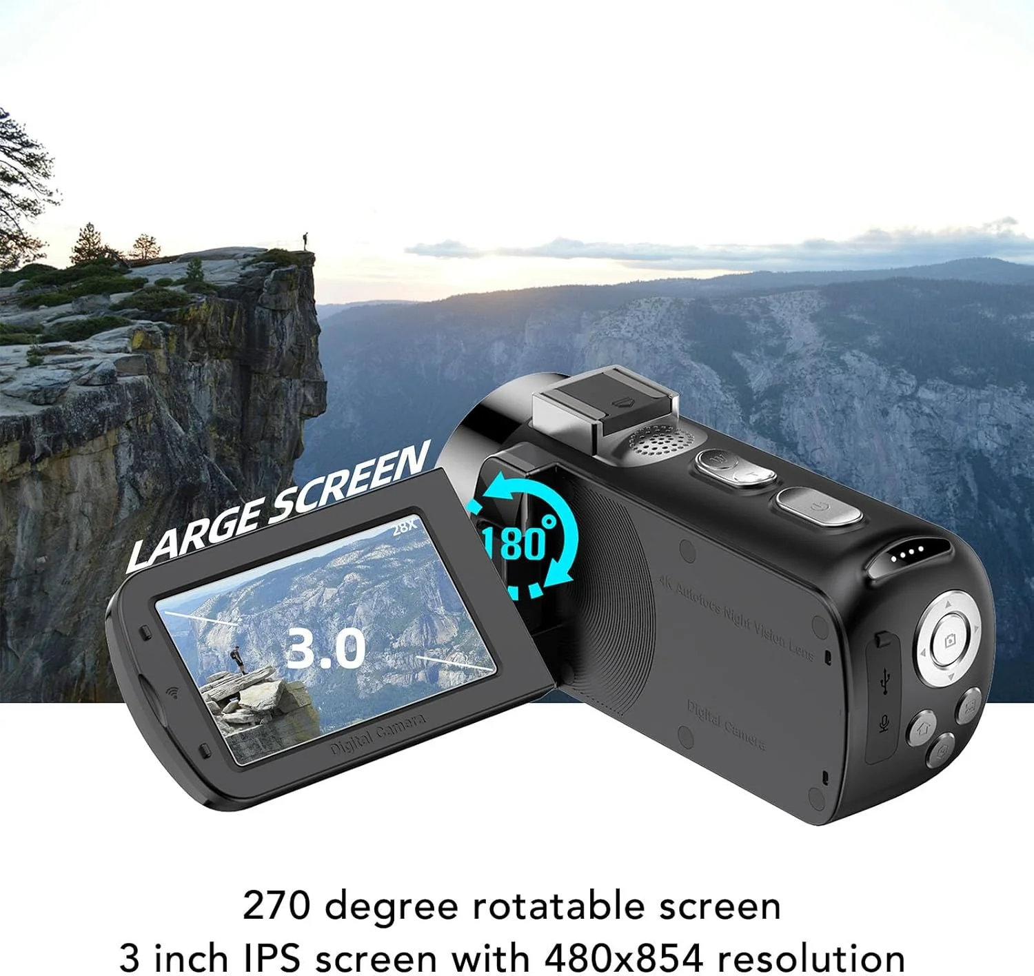 دوربین فیلمبرداری 4K، دوربین ولاگینگ 64 مگاپیکسلی، دوربین ضبط ویدیو با زوم 28 برابر و فوکوس خودکار، صفحه نمایش 3 اینچی چرخان 270 درجه، فیلترهای متعدد، چراغ LED