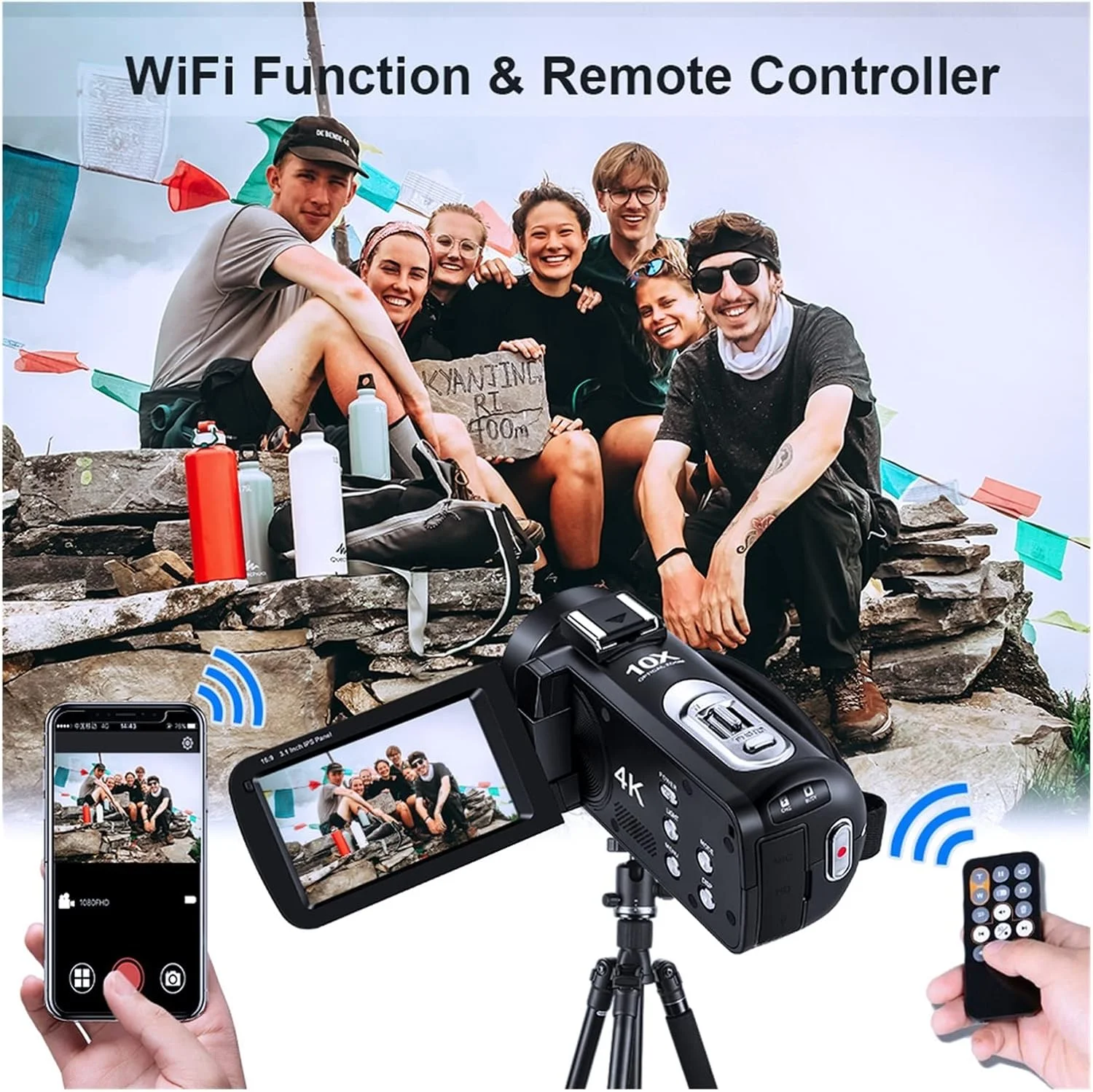 دوربین فیلمبرداری 4K دیجیتال AC7 با زوم اپتیکال 10X، مناسب برای ولاگ، فیلمبرداری حرفه ای به همراه میکروفون و قابلیت های چند منظوره (رنگ: باندل A)