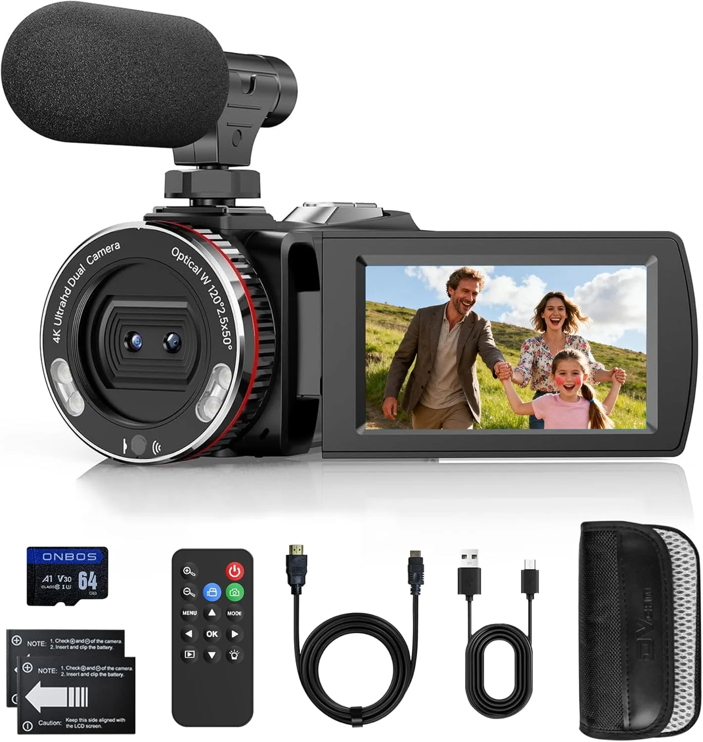 دوربین فیلمبرداری 4K 48MP با زوم دیجیتال 21X برای ولاگ در یوتیوب، دوربین فیلمبرداری با صفحه نمایش چرخان 270 درجه 3.0 اینچی، ضبط کننده ویدئو با کارت 64 گیگابایتی، 2 باتری، میکروفون، کنترل از راه دور، HDMI