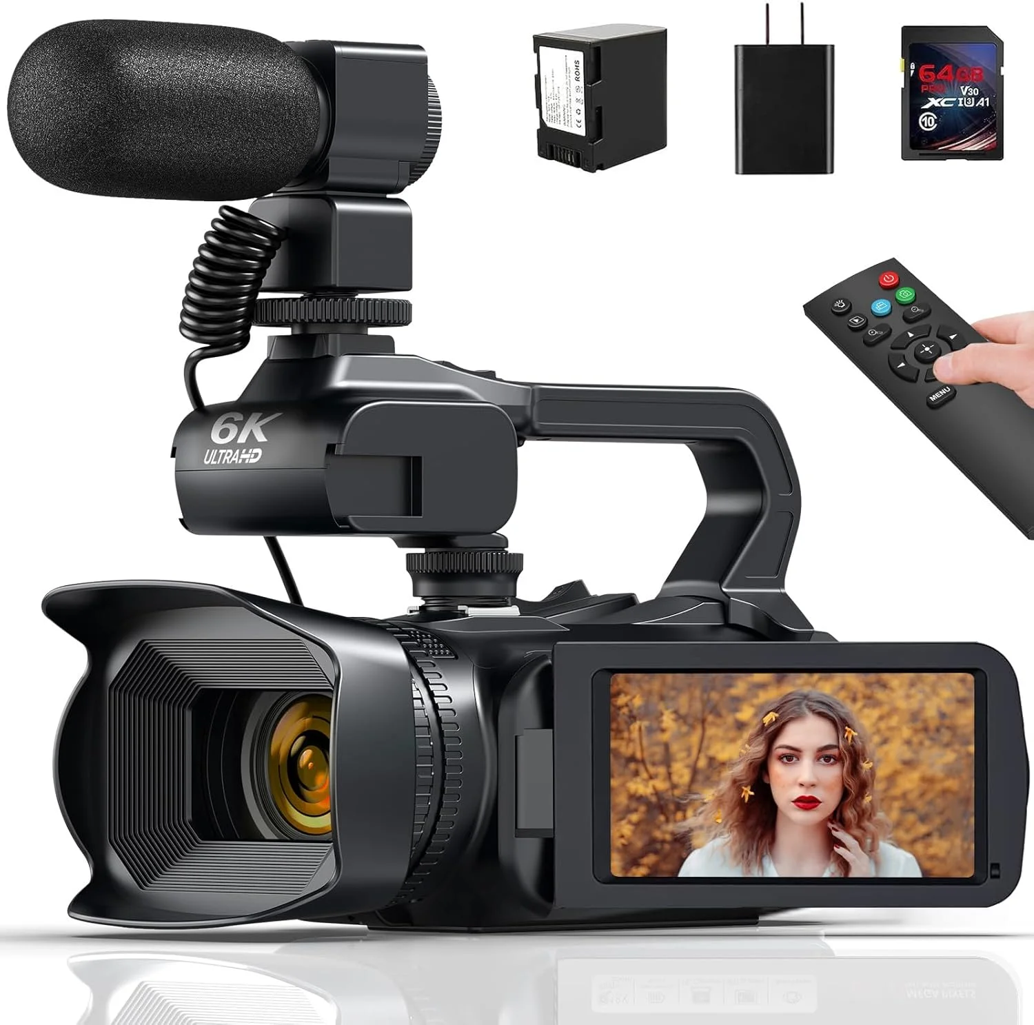 دوربین فیلمبرداری 6K 64MP دید در شب مادون قرمز برای ولاگ یوتیوب، زوم دیجیتال 18X، صفحه نمایش لمسی 4 اینچی، دوربین دیجیتال با WiFi، میکروفون، شارژر، تثبیت کننده، کنترل از راه دور و...