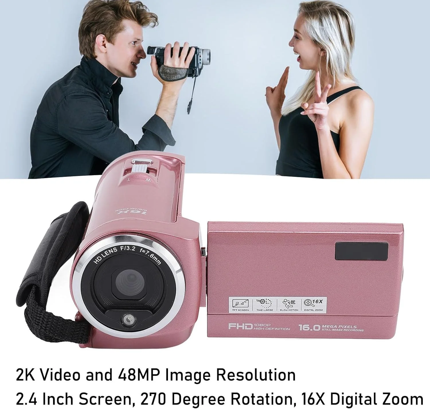 دوربین فیلمبرداری 2K، دوربین ولاگینگ 50 مگاپیکسلی با زوم دیجیتال 16X، وب کم با صفحه نمایش 2.4 اینچی با قابلیت چرخش 270 درجه، ضبط کننده دوربین دیجیتال با نور LED و رابط 1/4 اینچی