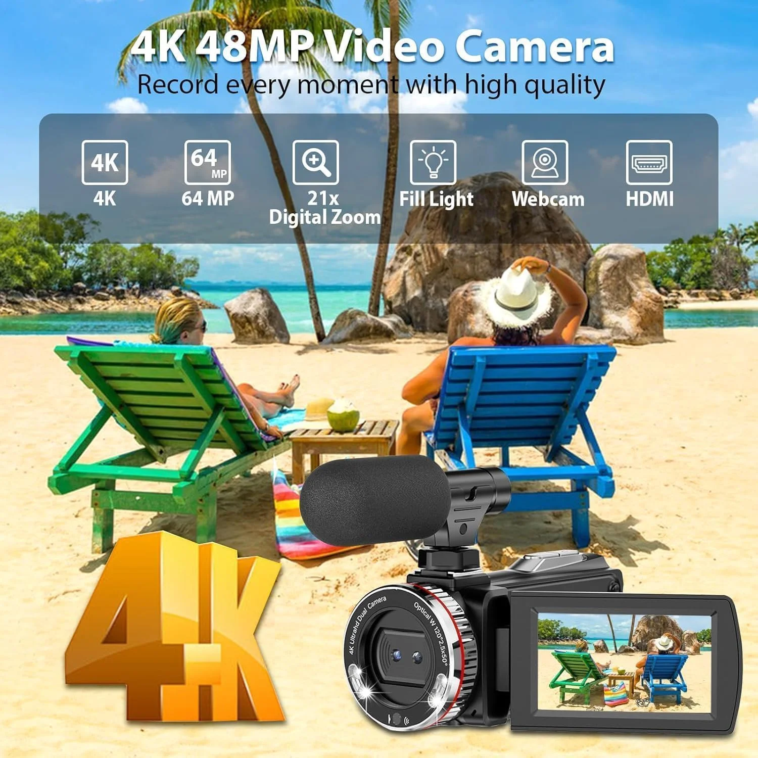 دوربین فیلمبرداری 4K 64MP با زوم دیجیتال 21X، دوربین وب کم برای وبلاگ نویسی یوتیوب، دوربین فیلمبرداری 4K با صفحه نمایش 3.0 اینچی با چرخش 270 درجه به همراه کابل HDMI، میکروفون خارجی و کارت حافظه 64 گیگابایتی دوربین فیلمبرداری 4K 64MP با زوم دیجیتال 21X، دوربین وب کم برای وبلاگ نویسی یوتیوب، دوربین فیلمبرداری 4K با صفحه نمایش 3.0 اینچی با چرخش 270 درجه به همراه کابل HDMI، میکروفون خارجی و کارت حافظه 64 گیگابایتی