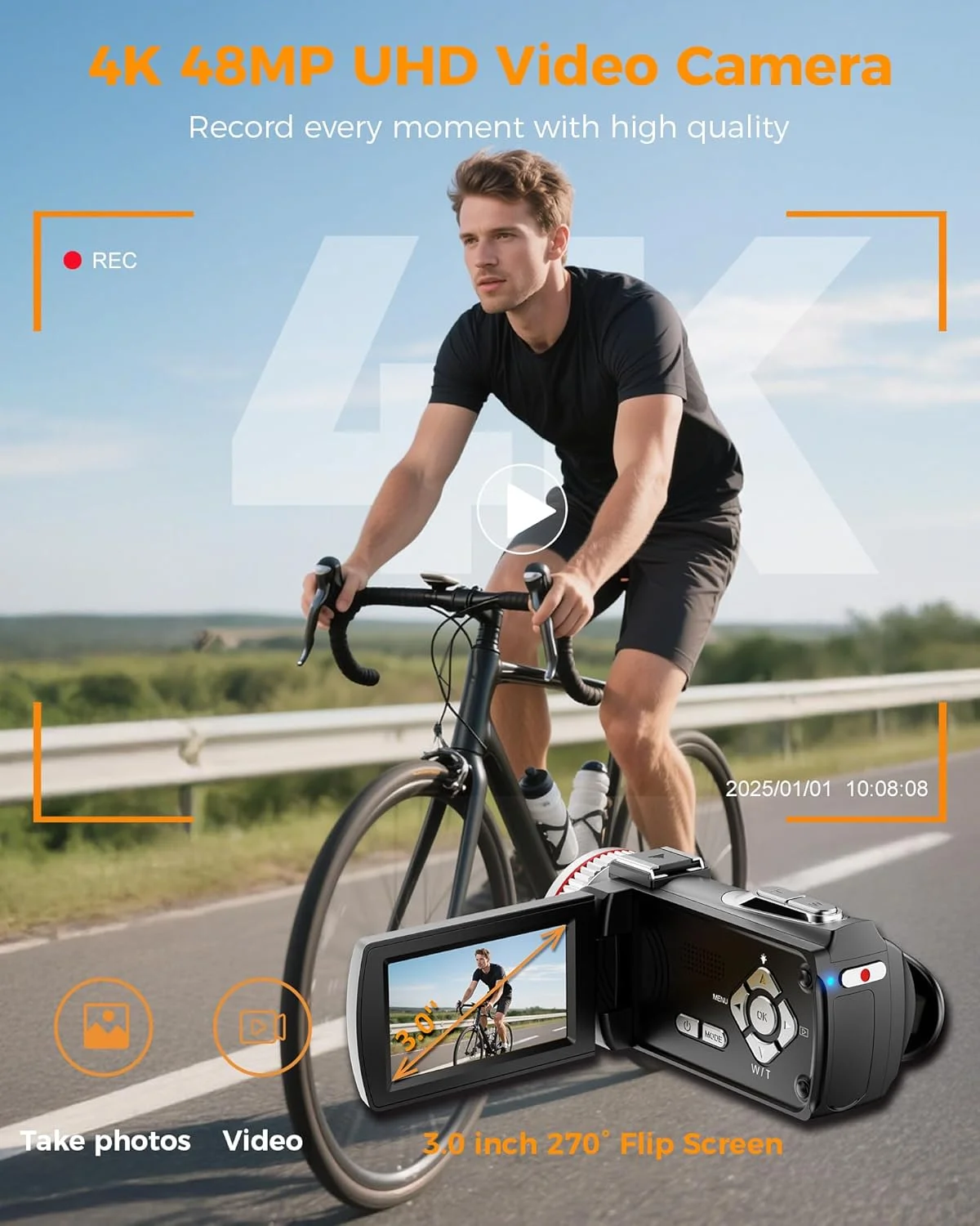 دوربین فیلمبرداری 4K، دوربین فیلمبرداری 48 مگاپیکسل 60 فریم بر ثانیه برای یوتیوب، صفحه نمایش 3.0 اینچی با قابلیت چرخش 270 درجه، دوربین فیلمبرداری با زوم دیجیتال 21X به همراه کارت SD 64 گیگابایتی، 2 باتری، میکروفون خارجی