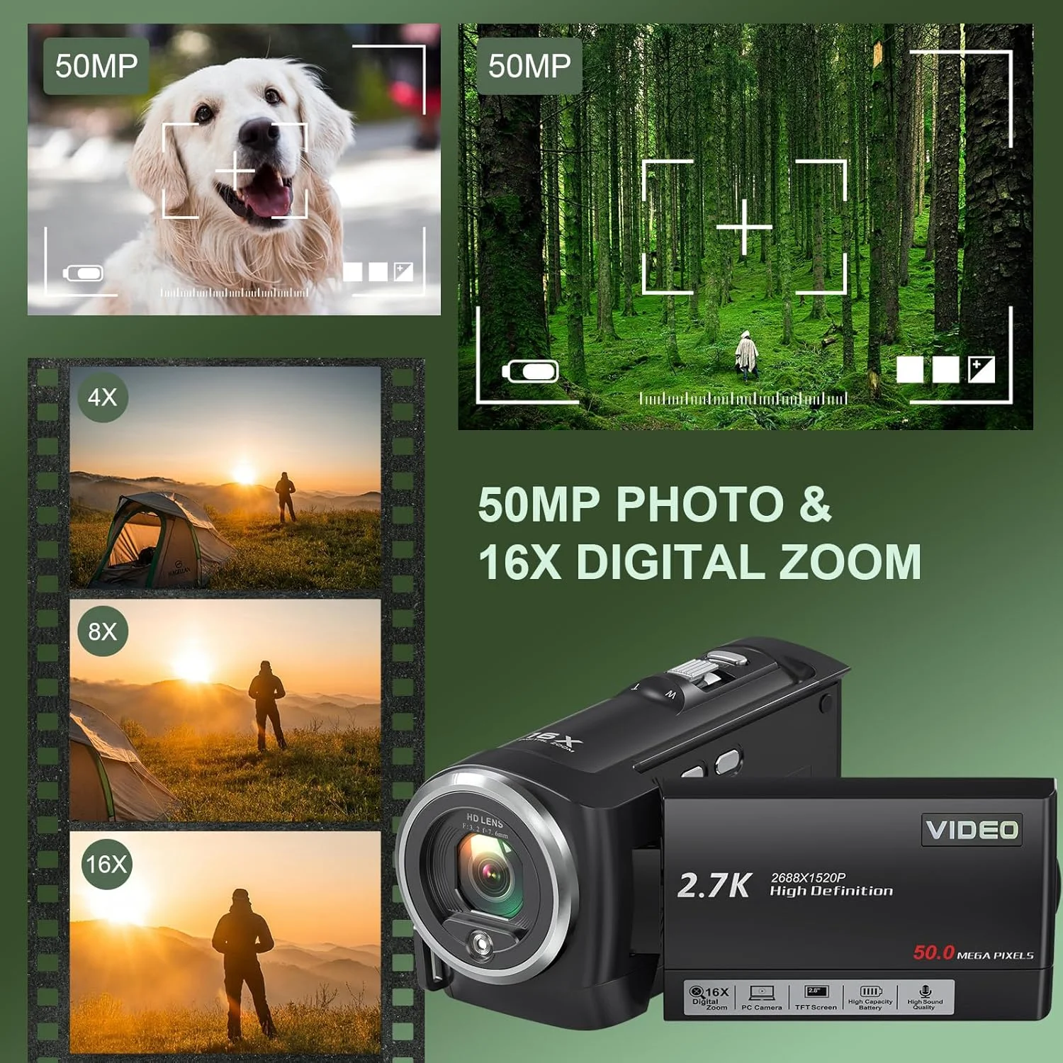 دوربین فیلمبرداری 2.7K QHD 50MP دوربین ولاگ یوتیوب زوم دیجیتال 16X وب کم صفحه نمایش 270 درجه ضبط در حین شارژ دوربین فیلمبرداری 2.7K QHD 50MP دوربین ولاگ یوتیوب زوم دیجیتال 16X وب کم صفحه نمایش 270 درجه ضبط در حین شارژ