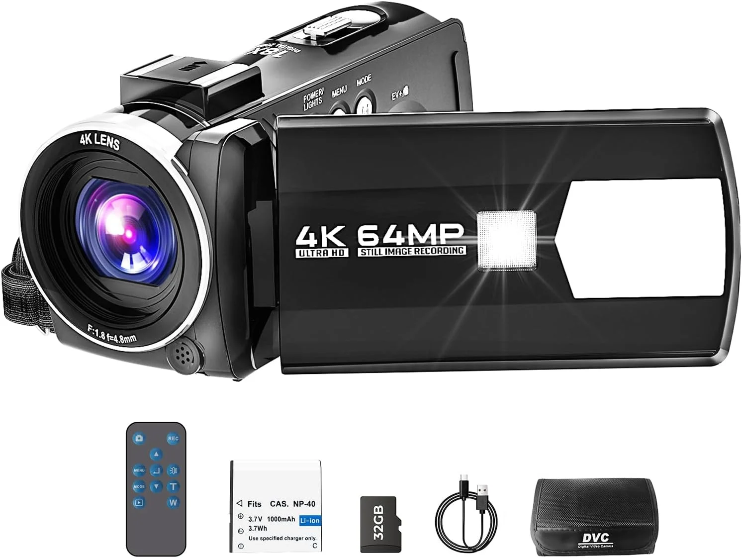 دوربین فیلمبرداری 4K 64MP برای یوتیوب، دوربین فیلمبرداری با زوم دیجیتال 18X و صفحه نمایش 3.0 اینچی 270 درجه IPS، دوربین ولاگینگ با کارت SD 32 گیگابایتی، باتری، کنترل از راه دور
