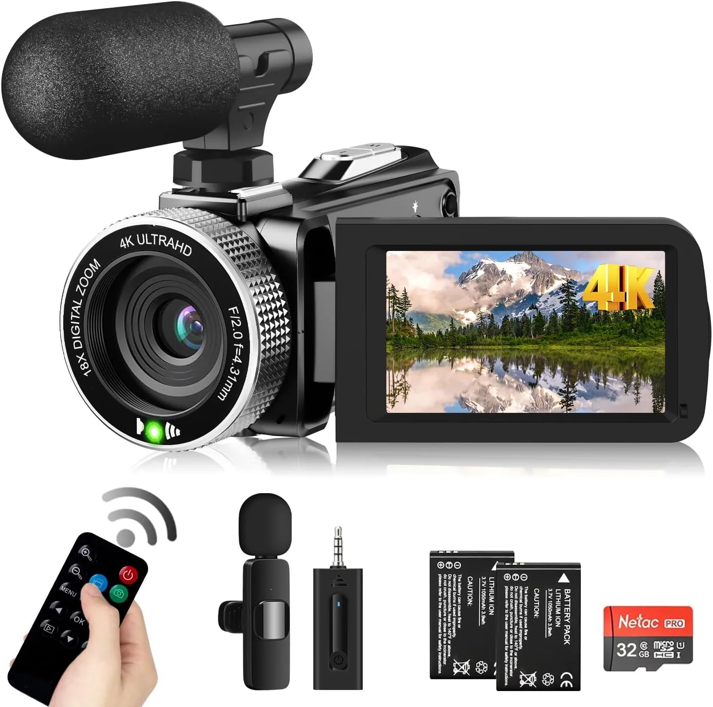 دوربین فیلمبرداری 4K 60FPS 48MP دوربین یوتیوب با میکروفون یقه ای بی سیم و میکروفون خارجی برای ولاگ، صفحه نمایش 3 اینچی Ultra HD با زوم دیجیتال 18X به همراه کارت SD 32 گیگابایتی و کنترل از راه دور