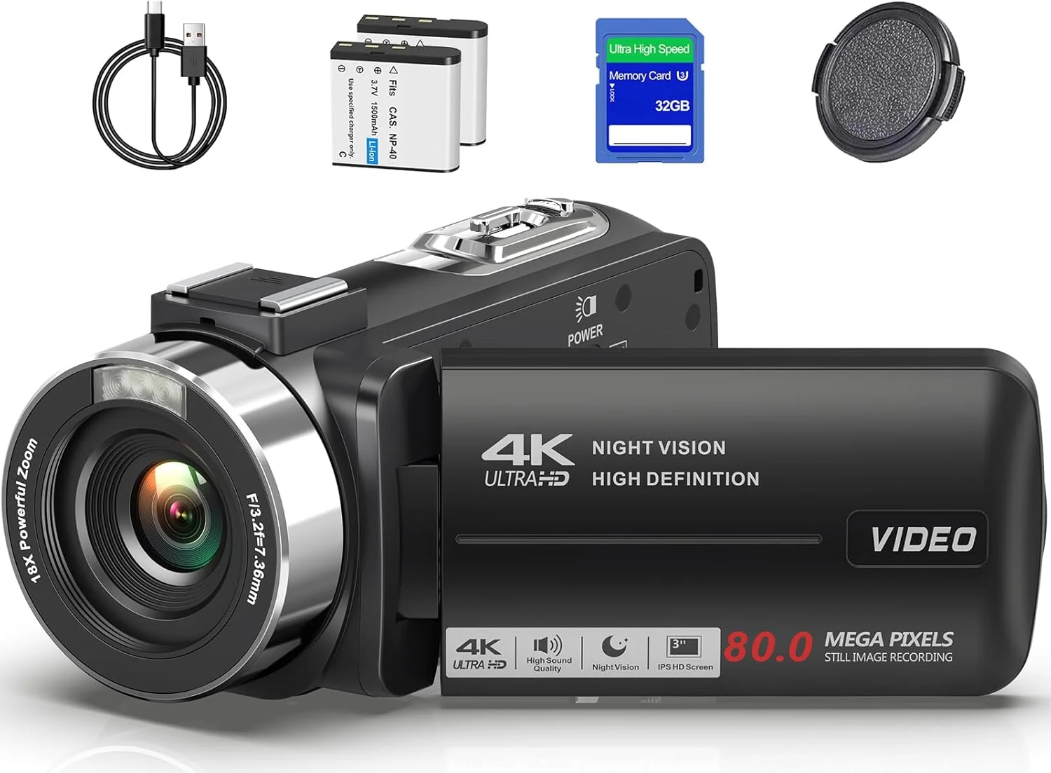 دوربین فیلمبرداری 4K Ultra HD 80MP برای ولاگ یوتیوب، زوم دیجیتال 18X، صفحه نمایش 3.0 اینچی IPS 270 درجه، ضبط کننده دوربین فیلمبرداری دید در شب IR با کارت SD 32 گیگابایتی، درپوش لنز و 2 باتری