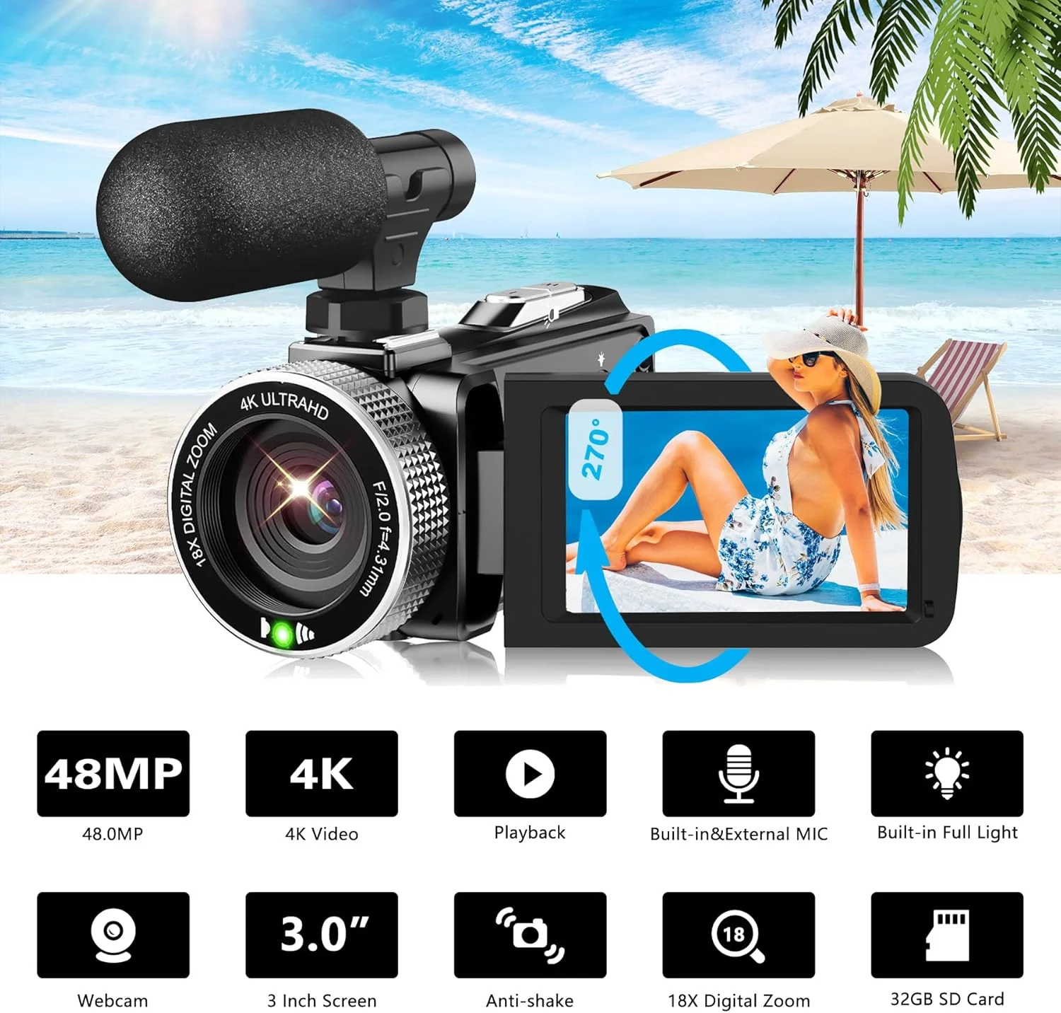 دوربین فیلمبرداری 4K 60FPS 48MP دوربین یوتیوب با میکروفون یقه ای بی سیم و میکروفون خارجی برای ولاگ، صفحه نمایش 3 اینچی Ultra HD با زوم دیجیتال 18X به همراه کارت SD 32 گیگابایتی و کنترل از راه دور