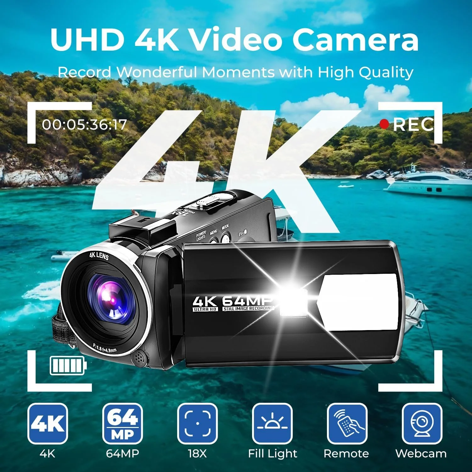 دوربین فیلمبرداری 4K، دوربین ولاگینگ 64 مگاپیکسلی برای یوتیوب، دوربین فیلمبرداری با زوم دیجیتال 18X، صفحه نمایش چرخان 270 درجه 3.0 اینچی، وب کم، کارت TF 32 گیگابایتی و 1 باتری، کنترل از راه دور دوربین فیلمبرداری 4K، دوربین ولاگینگ 64 مگاپیکسلی برای یوتیوب، دوربین فیلمبرداری با زوم دیجیتال 18X، صفحه نمایش چرخان 270 درجه 3.0 اینچی، وب کم، کارت TF 32 گیگابایتی و 1 باتری، کنترل از راه دور
