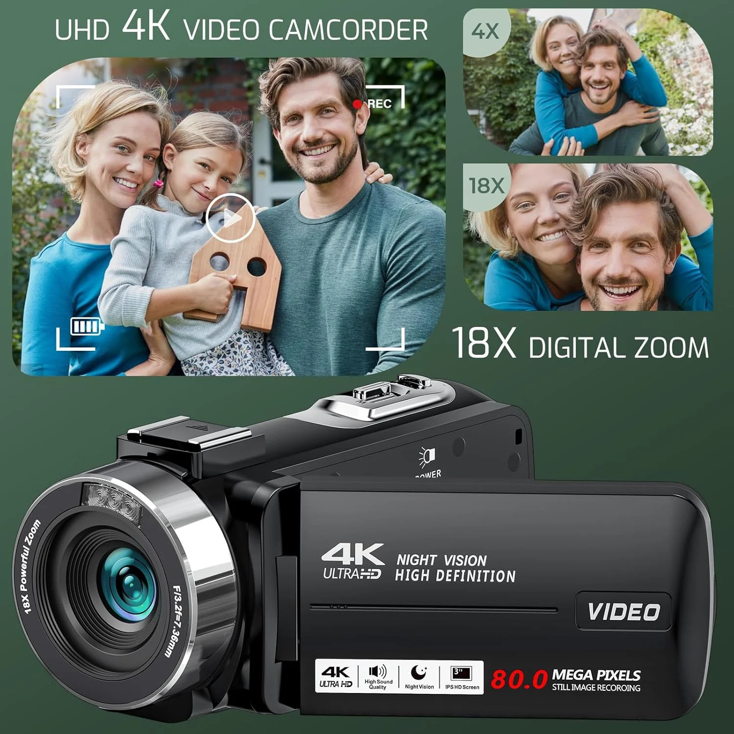 دوربین فیلمبرداری 4K Ultra HD 80MP برای ولاگ یوتیوب، زوم دیجیتال 18X، صفحه نمایش 3.0 اینچی IPS 270 درجه، ضبط کننده دوربین فیلمبرداری دید در شب IR با کارت SD 32 گیگابایتی، درپوش لنز و 2 باتری دوربین فیلمبرداری 4K Ultra HD 80MP برای ولاگ یوتیوب، زوم دیجیتال 18X، صفحه نمایش 3.0 اینچی IPS 270 درجه، ضبط کننده دوربین فیلمبرداری دید در شب IR با کارت SD 32 گیگابایتی، درپوش لنز و 2 باتری
