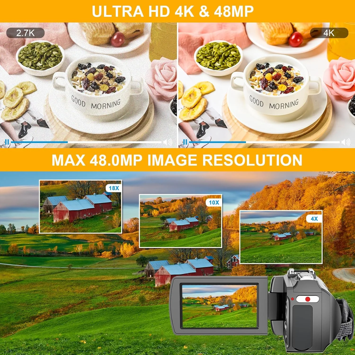 دوربین فیلمبرداری 4K 60FPS 48MP دوربین یوتیوب با میکروفون یقه ای بی سیم و میکروفون خارجی برای ولاگ، صفحه نمایش 3 اینچی Ultra HD با زوم دیجیتال 18X به همراه کارت SD 32 گیگابایتی و کنترل از راه دور