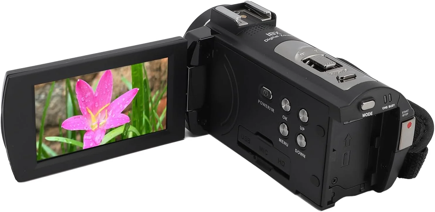 دوربین فیلمبرداری 5K HD با زوم 18 برابر، صفحه نمایش 3 اینچی، به همراه هود و دسته دوربین فیلمبرداری 5K HD با زوم 18 برابر، صفحه نمایش 3 اینچی، به همراه هود و دسته