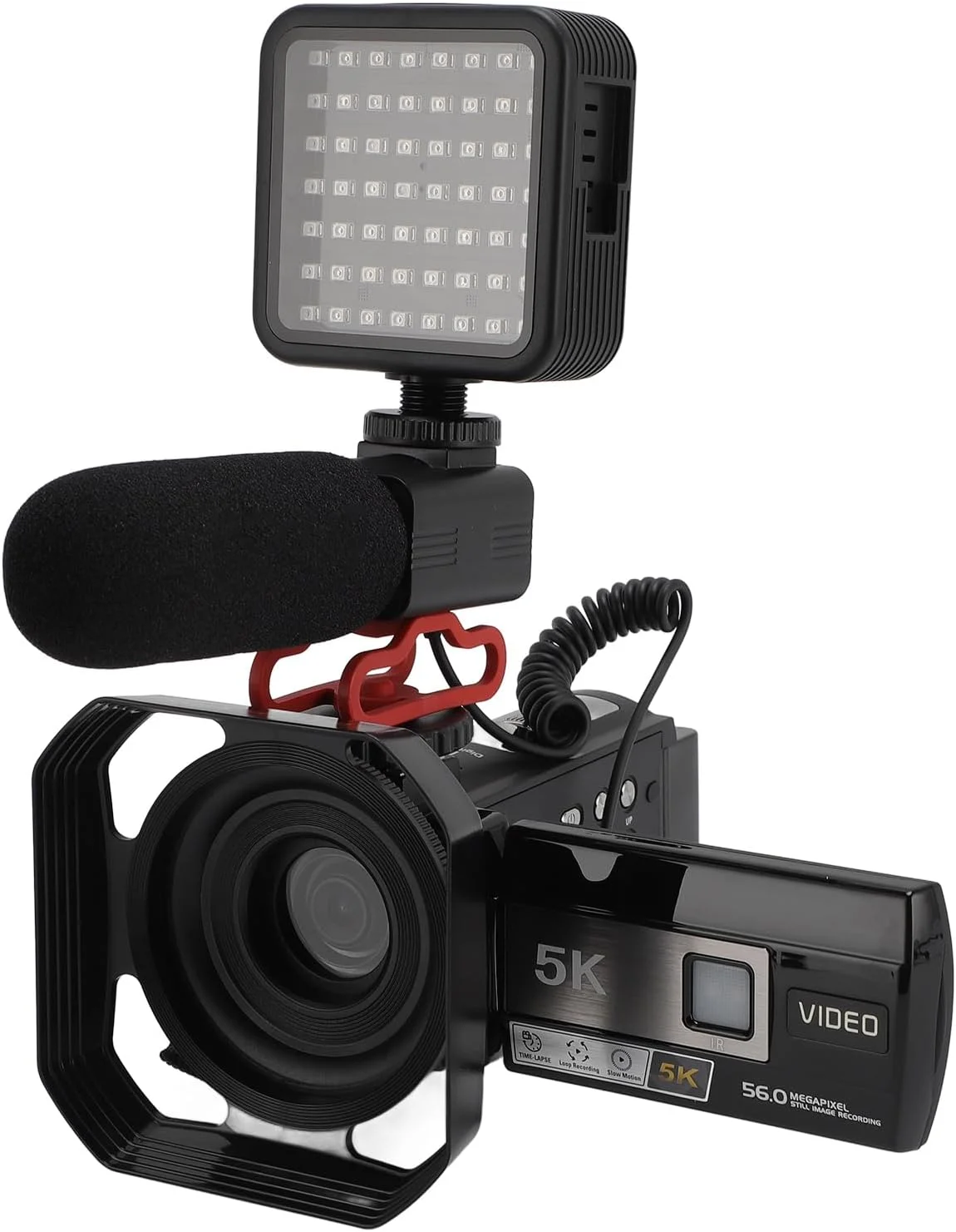 دوربین فیلمبرداری 5K، دوربین فیلمبرداری UHD WIFI 56 مگاپیکسلی با زوم هوشمند 18 برابر، ضد لرزش، به همراه هود، نور، دسته، ریموت، باتری و میکروفون دوربین فیلمبرداری 5K، دوربین فیلمبرداری UHD WIFI 56 مگاپیکسلی با زوم هوشمند 18 برابر، ضد لرزش، به همراه هود، نور، دسته، ریموت، باتری و میکروفون