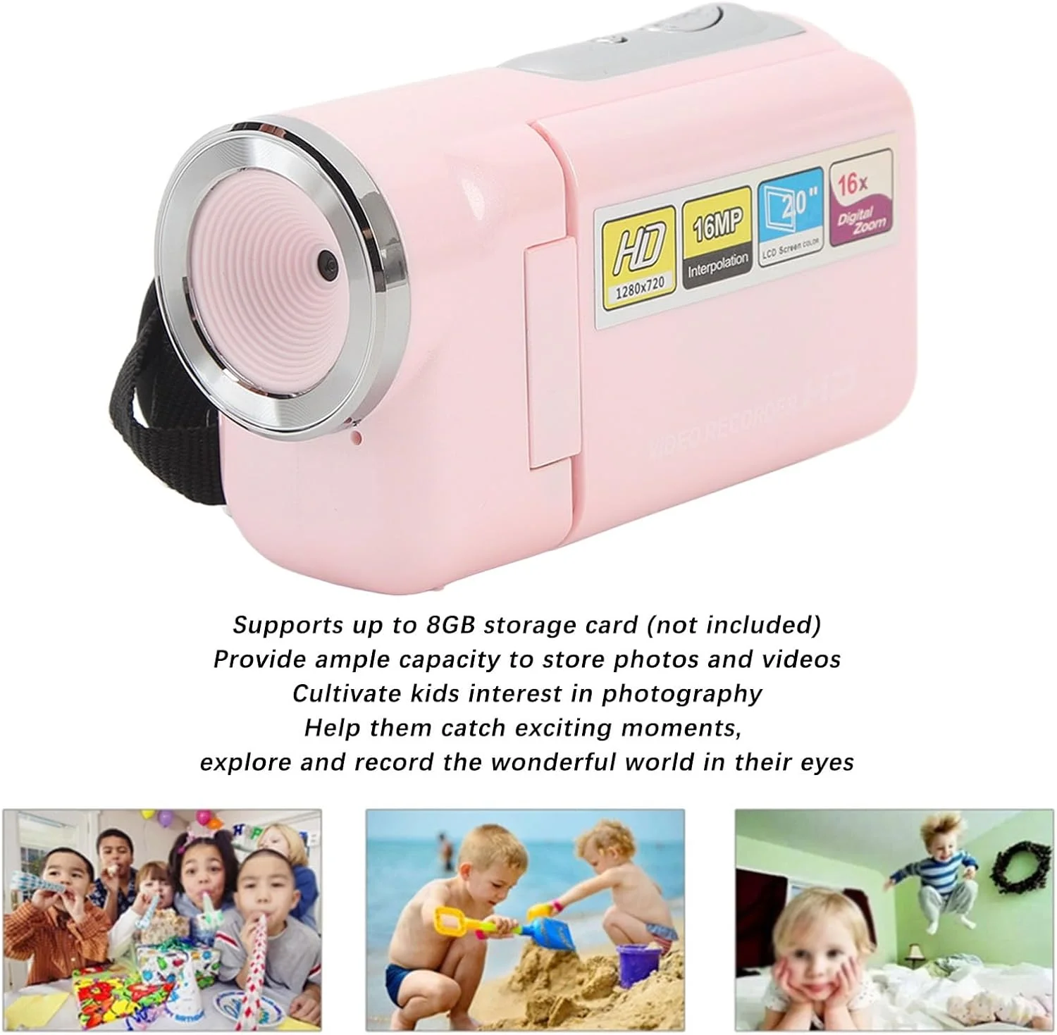 دوربین فیلمبرداری کودکانه، دوربین فیلمبرداری 16 مگاپیکسل 1080P HD 16X با صفحه نمایش رنگی 2.0 اینچی TFT، ضبط کننده ویدئویی دیجیتال برای ولاگ (صورتی)