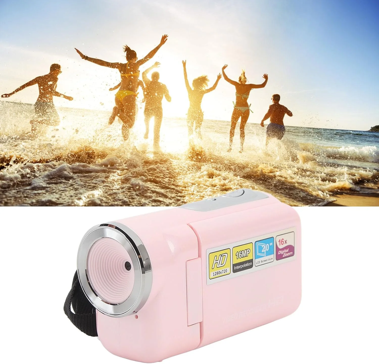 دوربین فیلمبرداری کودکانه، دوربین فیلمبرداری 16 مگاپیکسل 1080P HD 16X با صفحه نمایش رنگی 2.0 اینچی TFT، ضبط کننده ویدئویی دیجیتال برای ولاگ (صورتی)