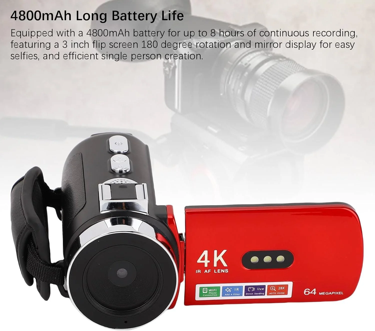 دوربین فیلمبرداری 4K Denash، دوربین وبلاگ وای فای 64 مگاپیکسلی با صفحه نمایش 3 اینچی 180 درجه چرخان و باتری 4800 میلی آمپر ساعتی برای عکاسی مسافرتی دوربین فیلمبرداری 4K Denash، دوربین وبلاگ وای فای 64 مگاپیکسلی با صفحه نمایش 3 اینچی 180 درجه چرخان و باتری 4800 میلی آمپر ساعتی برای عکاسی مسافرتی