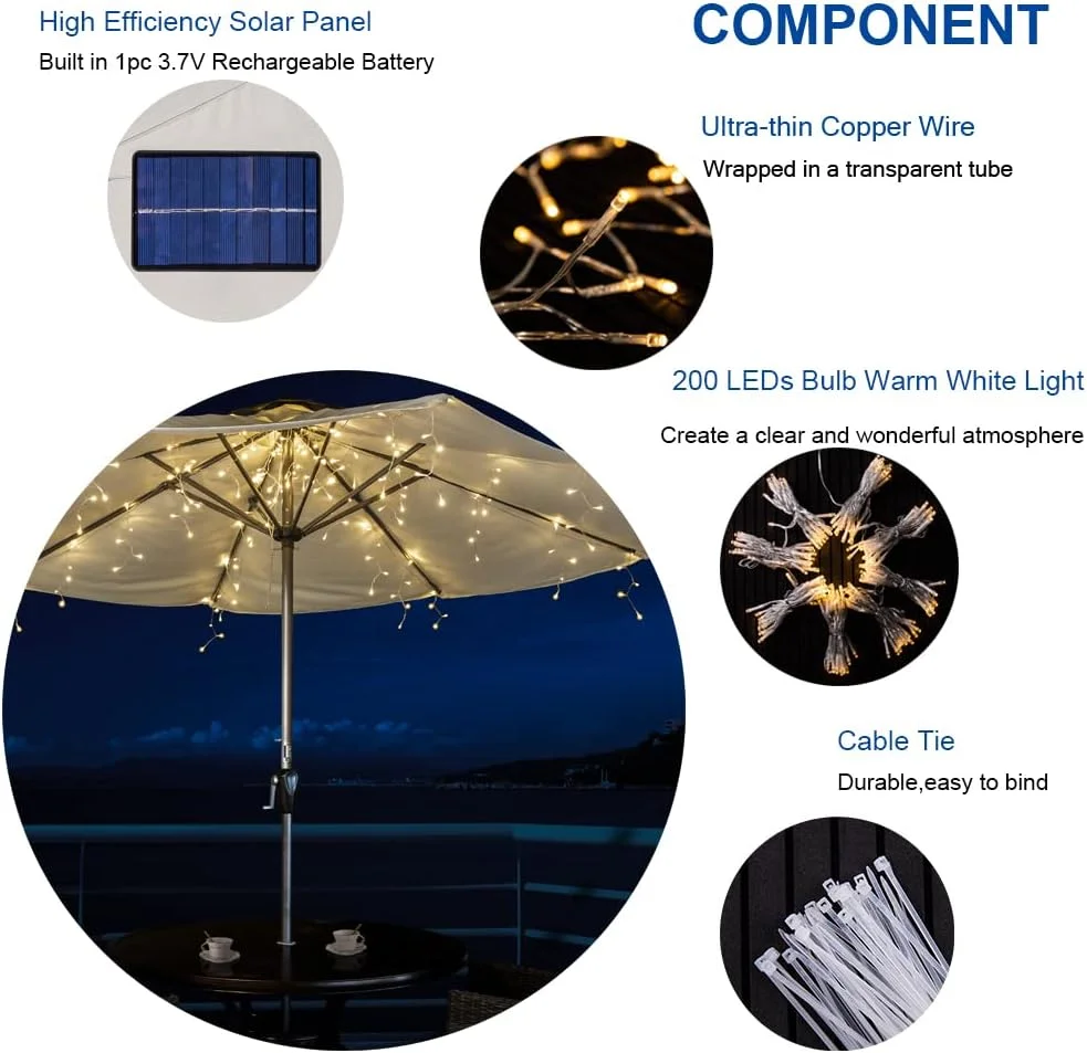 چراغ های چتری پاسیو، چراغ های خورشیدی چتری با 200 ال ای دی نور سفید گرم، چراغ های ریسه ای ضد آب مناسب برای دکور باغ، حیاط خلوت، استخر و ساحل چراغ های چتری پاسیو، چراغ های خورشیدی چتری با 200 ال ای دی نور سفید گرم، چراغ های ریسه ای ضد آب مناسب برای دکور باغ، حیاط خلوت، استخر و ساحل