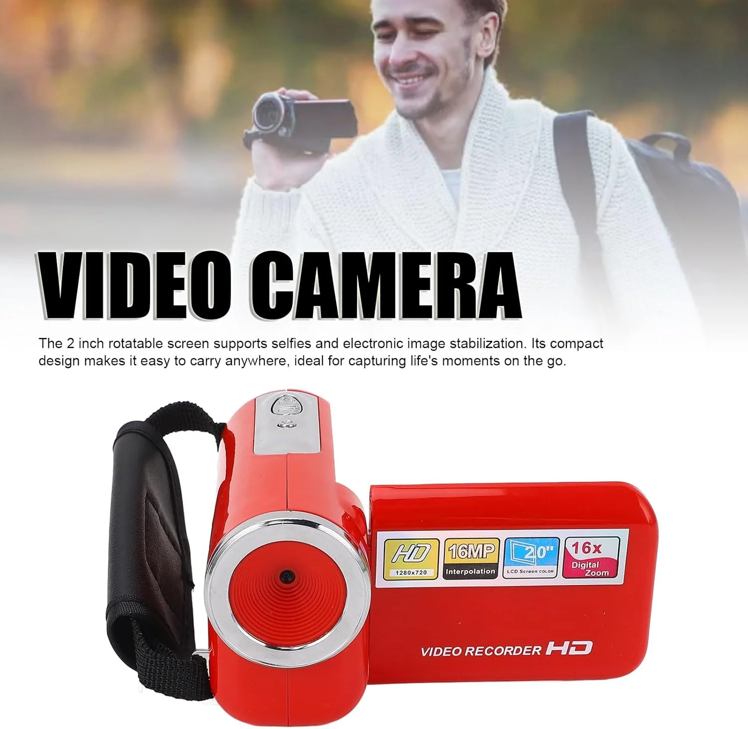 دوربین فیلمبرداری دیجیتال، دوربین فیلمبرداری 16 مگاپیکسلی 1080P HD با زوم دیجیتال 16 برابر و صفحه نمایش چرخان 2 اینچی برای مسافرت، دوربین فیلمبرداری (قرمز) دوربین فیلمبرداری دیجیتال، دوربین فیلمبرداری 16 مگاپیکسلی 1080P HD با زوم دیجیتال 16 برابر و صفحه نمایش چرخان 2 اینچی برای مسافرت، دوربین فیلمبرداری (قرمز)