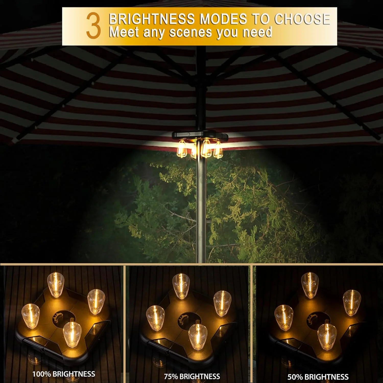 چراغ چتر آفتابی AVAMERY با تایمر، چراغ های میله چتر بی سیم با 3 حالت روشنایی با باتری، با لامپ های ادیسونی LED مناسب برای چتر کنسولی فضای باز، حیاط خلوت، کمپینگ و باربیکیو