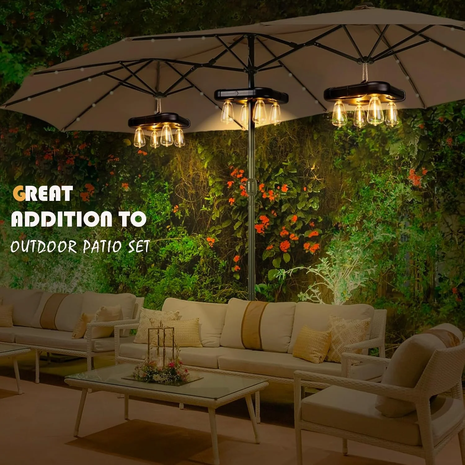 چراغ چتر آفتابی AVAMERY با تایمر، چراغ های میله چتر بی سیم با 3 حالت روشنایی با باتری، با لامپ های ادیسونی LED مناسب برای چتر کنسولی فضای باز، حیاط خلوت، کمپینگ و باربیکیو