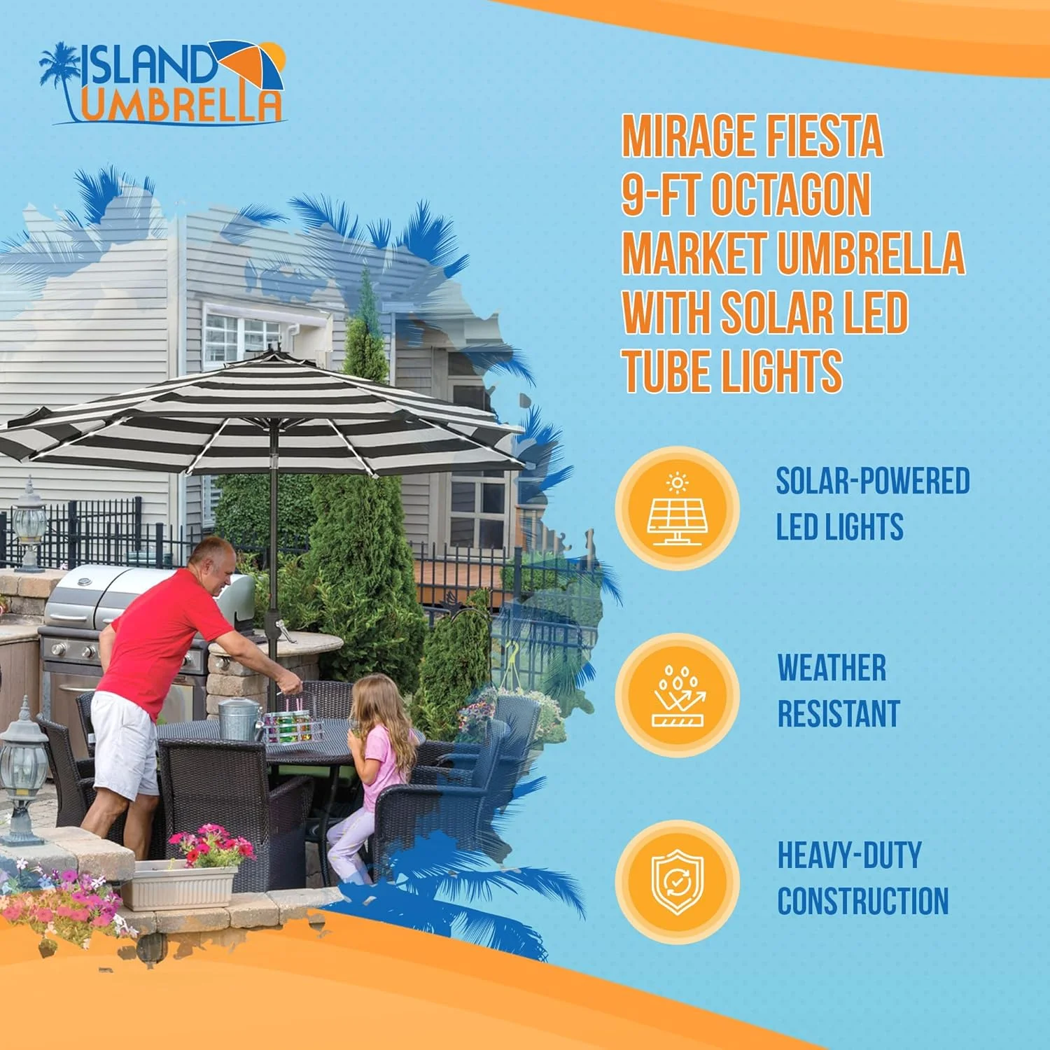 چتر آفتابی هشت ضلعی 2.7 متری با نور LED خورشیدی مدل Mirage Fiesta، رنگ خاکستری روشن، مشکی و طوسی