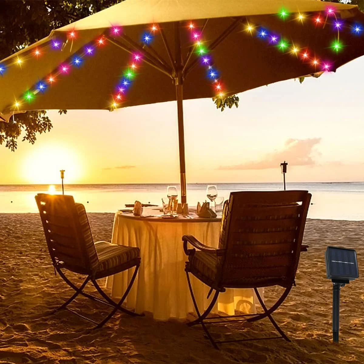 چراغ چتری خورشیدی با 8 حالت نورپردازی و کنترل از راه دور، چراغ چتری LED باتری خور، نورپردازی فضای باز، چادر ساحلی، باغ، کمپینگ، تزئینات مهمانی (چند رنگ)