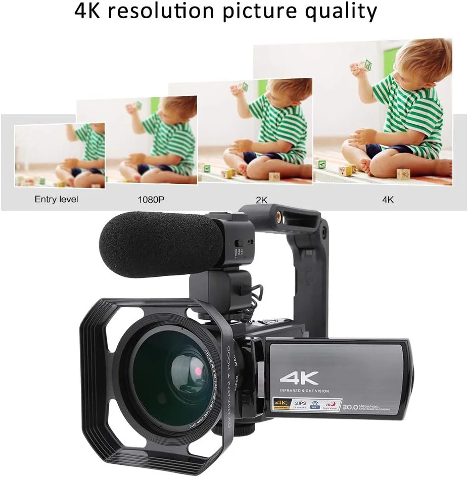 دوربین فیلمبرداری 4K 48MP، دوربین دیجیتال با میکروفون، دوربین فیلمبرداری WIFI برای عکاسی، زوم دیجیتال 16X، صفحه نمایش لمسی چرخان 270 درجه 3.0 اینچی، دید در شب IR، پشتیبانی از کنترل از راه دور (بدون باتری)