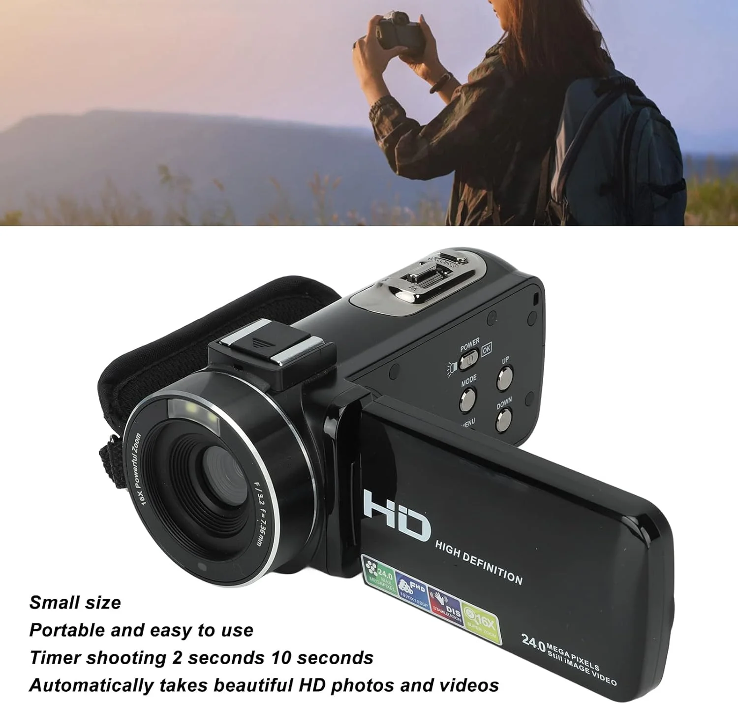 دوربین فیلمبرداری دیجیتال، دوربین فیلمبرداری دستی ضبط ویدئو HD، دوربین فیلمبرداری وای فای، دوربین فیلمبرداری صفحه نمایش چرخشی زوم دیجیتال 16X با کیفیت 1080P 24MP