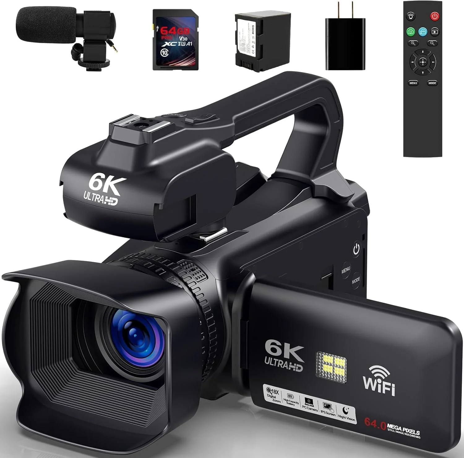 دوربین فیلمبرداری HD 6K 64MP دید در شب مادون قرمز دوربین ولاگینگ برای یوتیوب زوم دیجیتال 18X صفحه لمسی 4.0 اینچی دوربین فیلمبرداری با میکروفون، کنترل از راه دور، کارت SD 64 گیگابایتی، تثبیت کننده