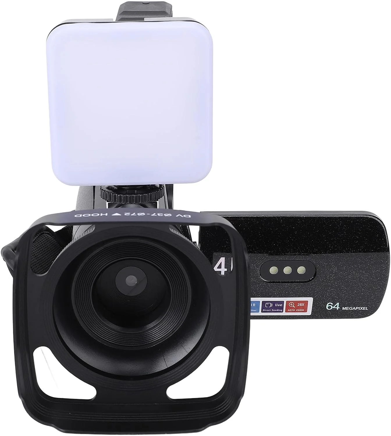 دوربین فیلمبرداری POENVFPO با هود لنز، نور پرکننده و براکت، صفحه نمایش چرخان 4K 64MP با زوم 28x برای رویدادهای ورزشی، مسافرت و عروسی