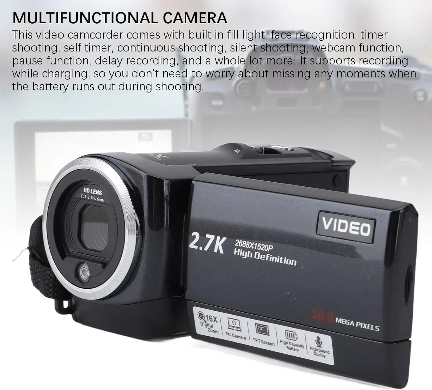 دوربین فیلمبرداری Dpofirs، زوم دیجیتال 16X، 50 مگاپیکسل، 2.7K، دوربین ولاگ، صفحه نمایش 2.8 اینچی با چرخش 270 درجه، دوربین فیلمبرداری دیجیتال، مناسب برای سفر در فضای باز دوربین فیلمبرداری Dpofirs، زوم دیجیتال 16X، 50 مگاپیکسل، 2.7K، دوربین ولاگ، صفحه نمایش 2.8 اینچی با چرخش 270 درجه، دوربین فیلمبرداری دیجیتال، مناسب برای سفر در فضای باز