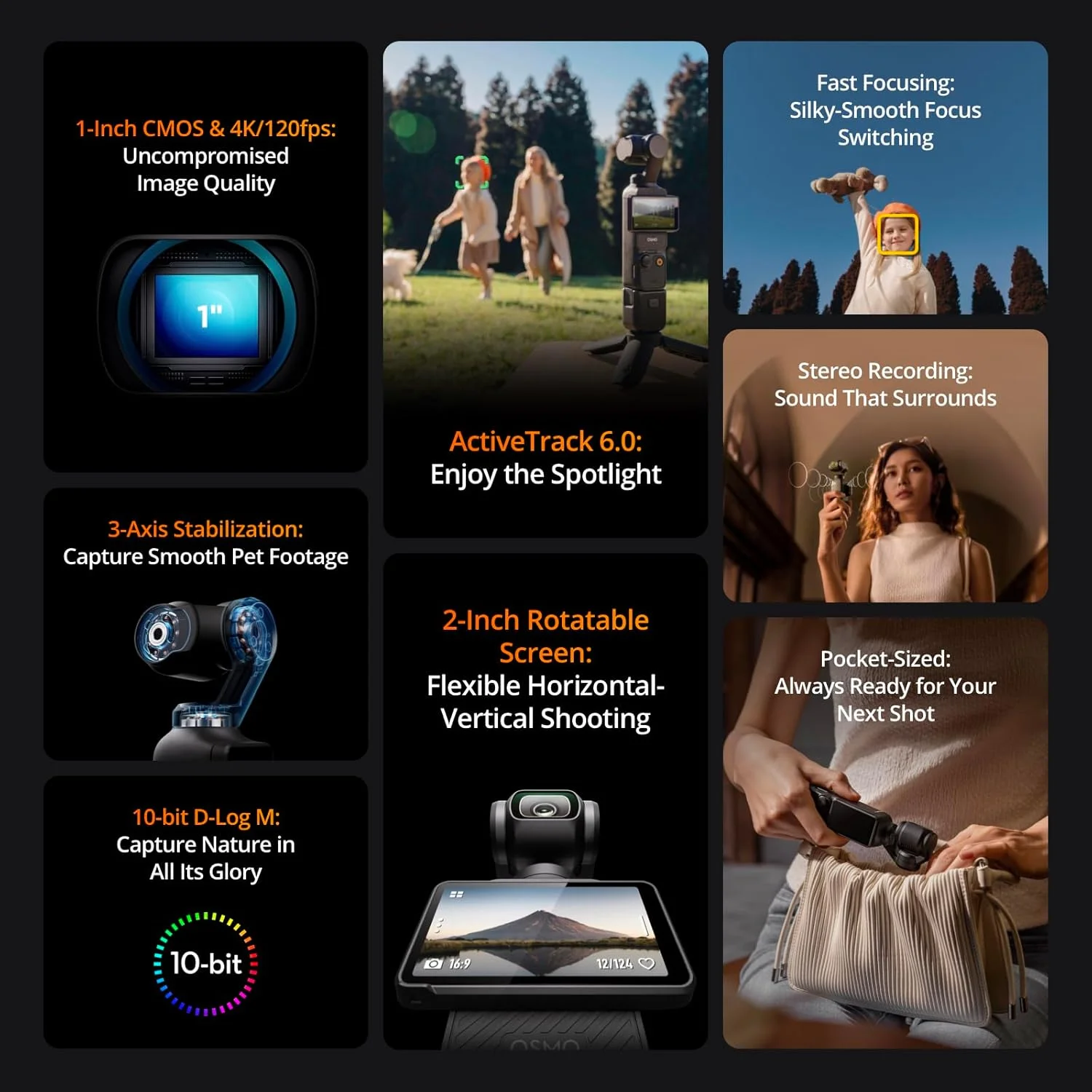 دوربین فیلمبرداری DJI Osmo Pocket 3 با سنسور CMOS 1 اینچی و ویدئو 4K/120fps، تثبیت کننده 3 محوره، ردیابی چهره/اشیاء، فوکوس سریع، صفحه لمسی چرخان 2 اینچی، نسخه امارات