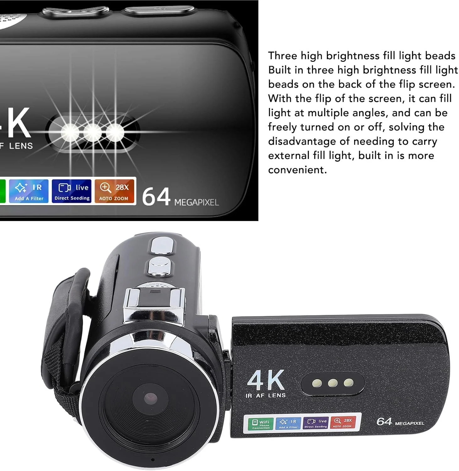 دوربین فیلمبرداری POENVFPO با هود لنز، نور پرکننده و براکت، صفحه نمایش چرخان 4K 64MP با زوم 28x برای رویدادهای ورزشی، مسافرت و عروسی دوربین فیلمبرداری POENVFPO با هود لنز، نور پرکننده و براکت، صفحه نمایش چرخان 4K 64MP با زوم 28x برای رویدادهای ورزشی، مسافرت و عروسی