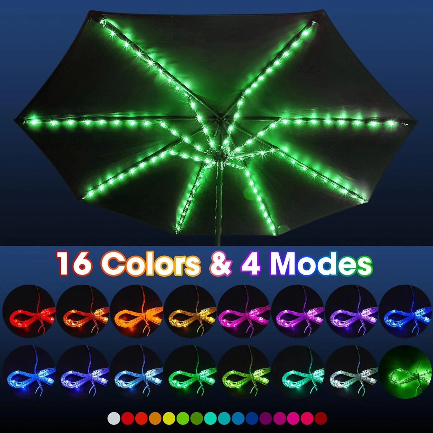 چراغ های ریسه ای چتری پاسیو فریندا، 104 ال ای دی روشن 16 رنگ 4 حالت، چراغ چتری بی سیم با باتری USB، چراغ های میله ای ضد آب با کنترل از راه دور برای چترهای پاسیو، چادرهای کمپینگ