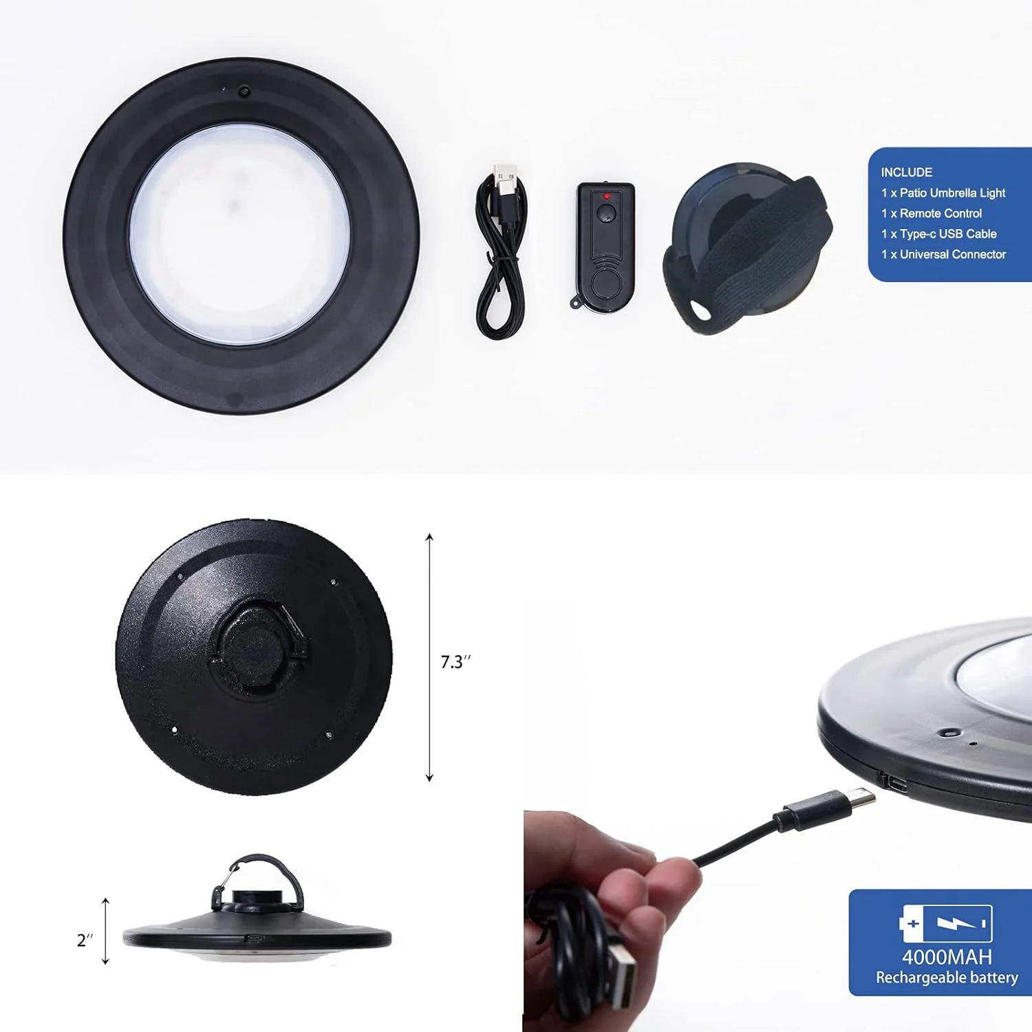 چراغ چتری با کنترل از راه دور، چراغ چتر کنسولی پاسیو قابل شارژ با 3 حالت روشنایی، برای چتر پاسیو آفست در فضای باز و باغ (مشکی)