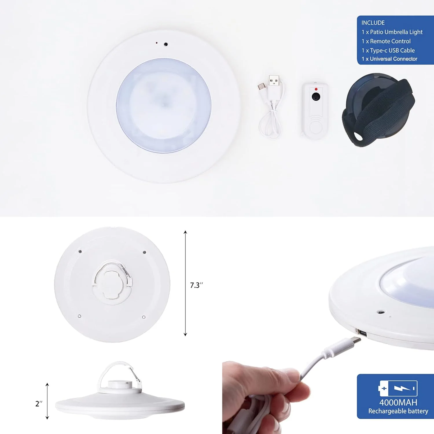 چراغ چتری Happetite با کنترل از راه دور، چراغ چتر کنسولی شارژی با نور سفید گرم و 3 حالت روشنایی، برای چتر پاسیو آفست در فضای باز و باغ (سفید)