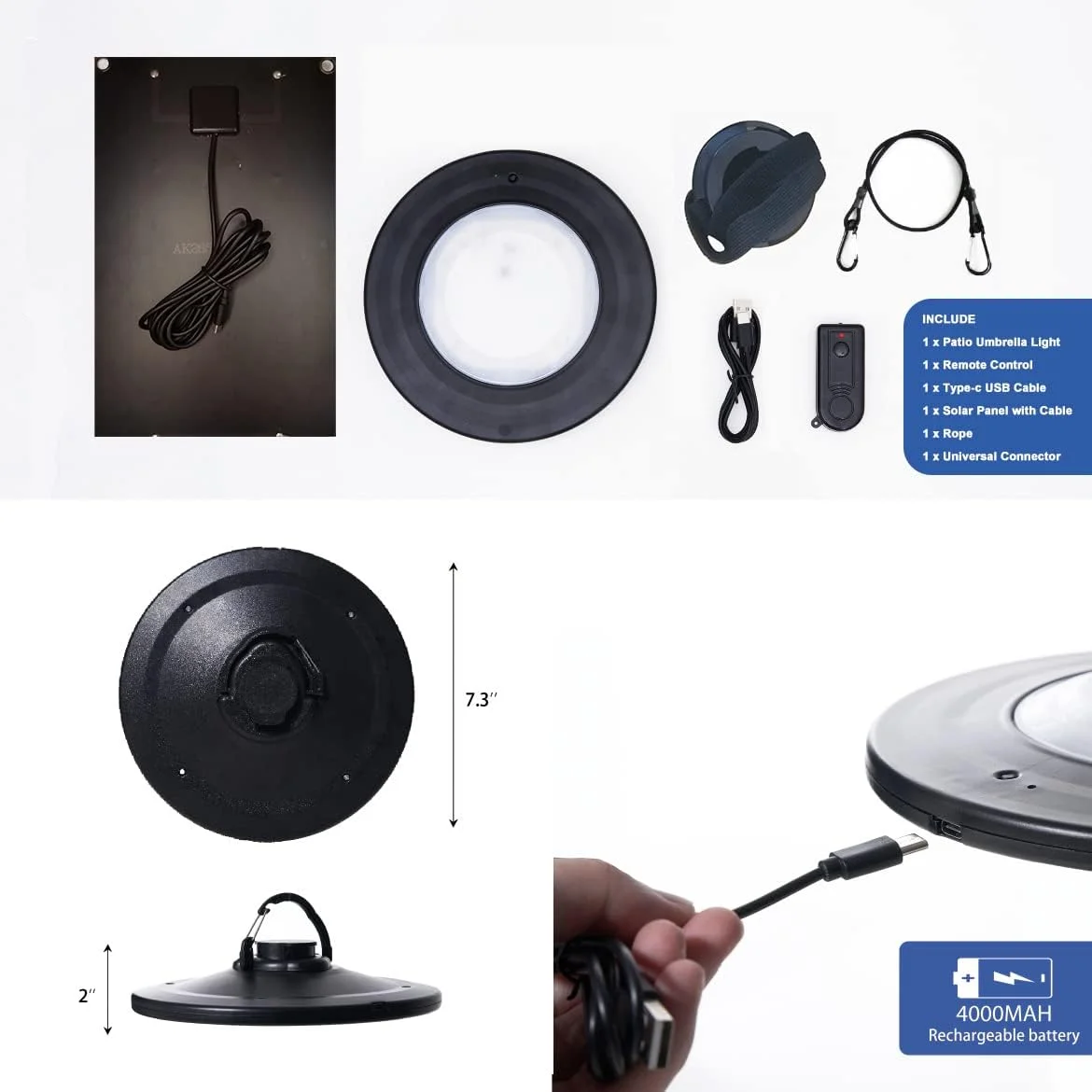 چراغ چتری خورشیدی با کنترل از راه دور، چراغ چتر کنسولی پاسیو با باتری قابل شارژ با 3 حالت روشنایی، برای چتر پاسیو افست در فضای باز و باغ (مشکی)