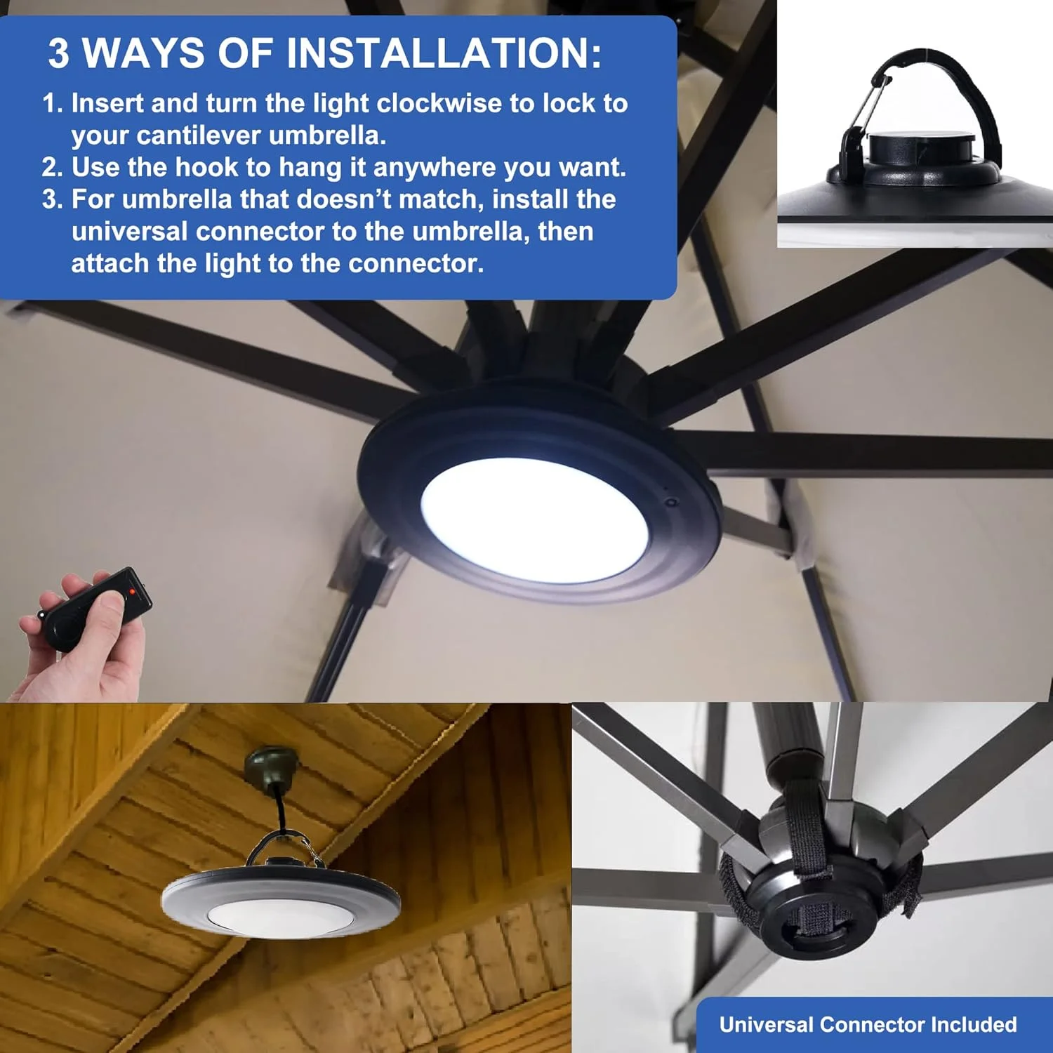 چراغ چتری با کنترل از راه دور، چراغ چتر کنسولی پاسیو قابل شارژ با 3 حالت روشنایی، برای چتر پاسیو آفست در فضای باز و باغ (مشکی)