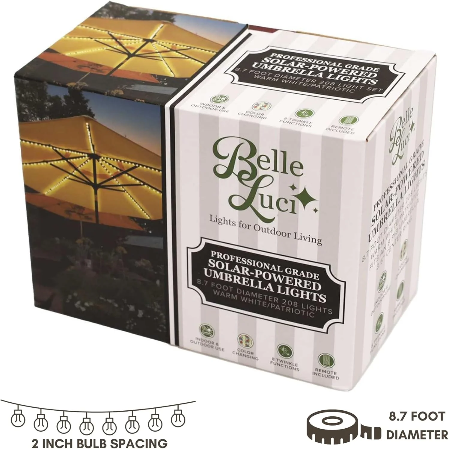 چراغ های روبانی چتری خورشیدی Holiday Bright Lights برای پاسیو داخلی/خارجی با 8 عملکرد سوسوزننده/تغییر رنگ - سفید گرم/میهنی فاصله 2 اینچی چراغ های روبانی چتری خورشیدی Holiday Bright Lights برای پاسیو داخلی/خارجی با 8 عملکرد سوسوزننده/تغییر رنگ - سفید گرم/میهنی فاصله 2 اینچی