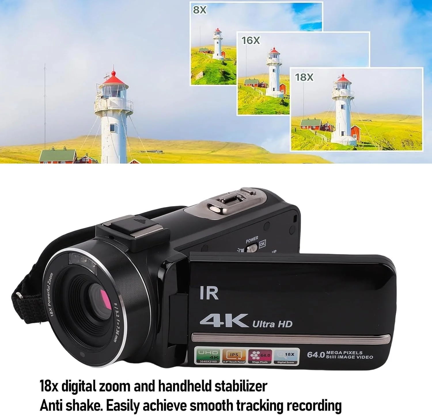 دوربین فیلمبرداری 4K Elprico 64MP برای تولید محتوای ویدیویی یوتیوب با زوم دیجیتال 18X، میکروفون استریو خارجی، ریموت کنترل، هود لنز، لرزشگیر دستی و کارت حافظه 32 گیگابایتی