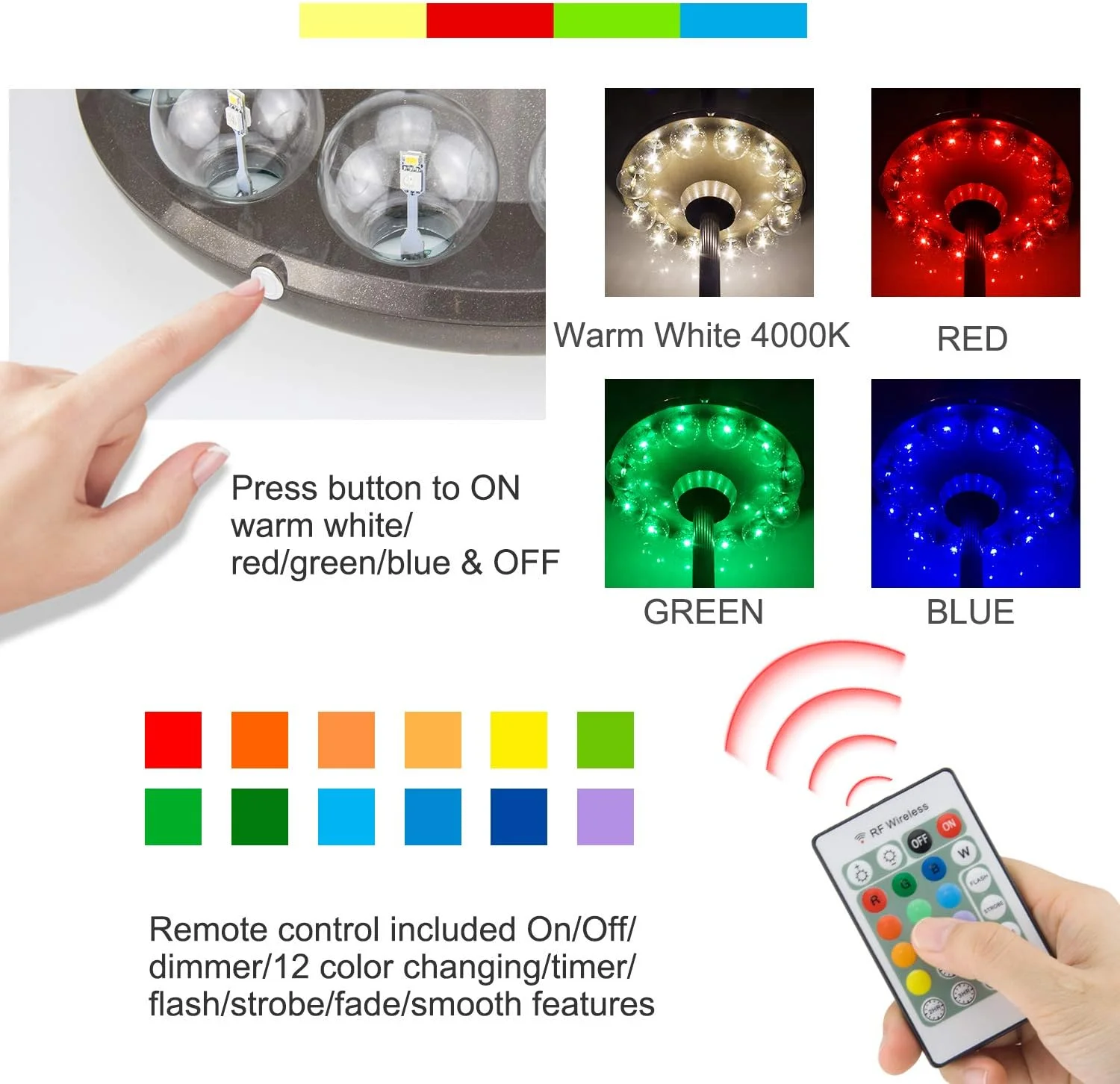 چراغ چتری پاسیو HONWELL، چراغ میله چتری با باتری 3xD با کنترل از راه دور RF با برد 24 متر از طریق دیوار، 12 لامپ 48 LED، 4 حالت، 12 رنگ قابل تغییر چراغ کمپینگ در فضای باز با حلقه آویز برای چتر چراغ چتری پاسیو HONWELL، چراغ میله چتری با باتری 3xD با کنترل از راه دور RF با برد 24 متر از طریق دیوار، 12 لامپ 48 LED، 4 حالت، 12 رنگ قابل تغییر چراغ کمپینگ در فضای باز با حلقه آویز برای چتر