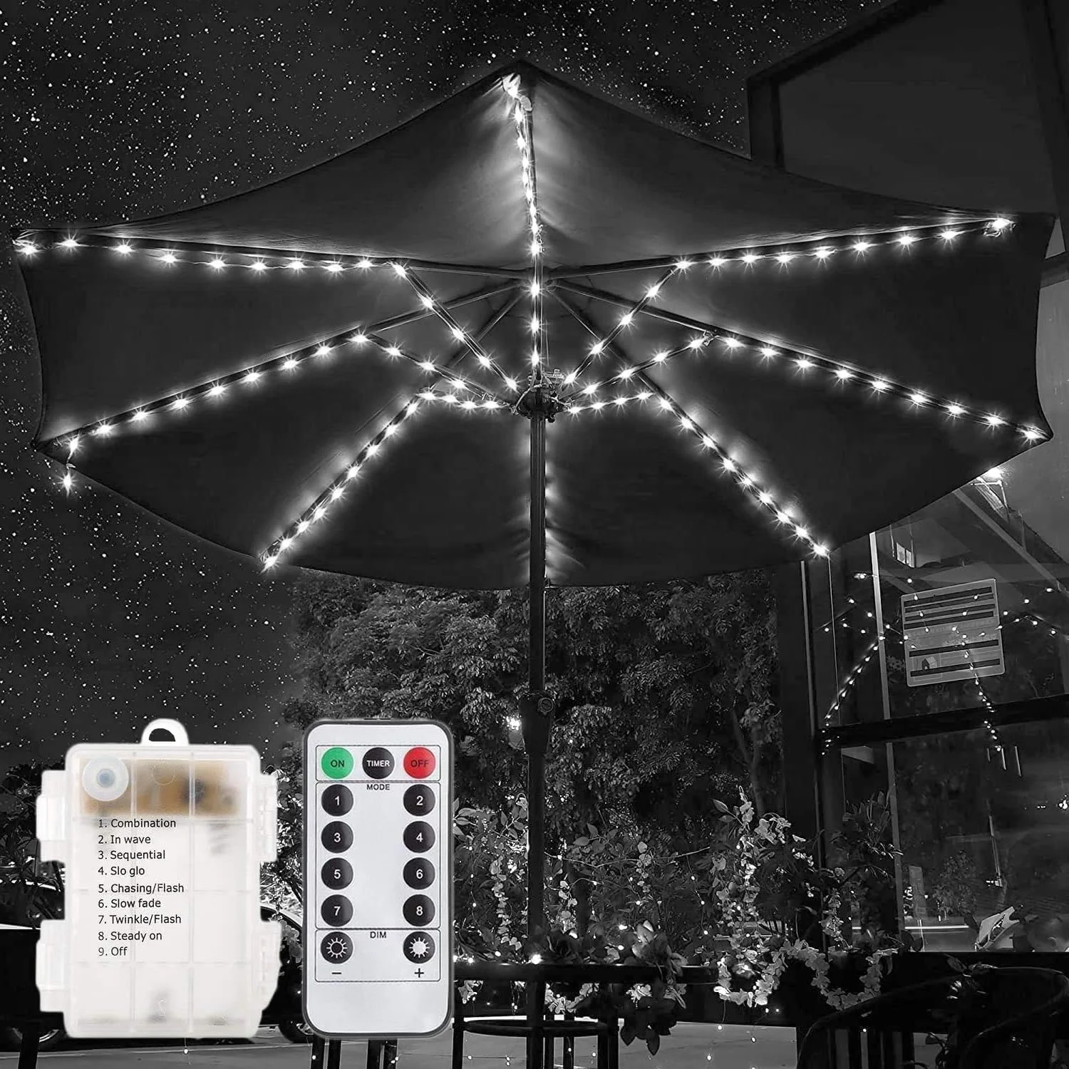 چراغ های ریسه ای چتری KINGCOO، ضد آب 104LED با کنترل از راه دور 8 حالت کارکرد با باتری، چراغ های آویز تزئینی برای چترهای پاسیو فضای باز، چادرهای کمپینگ (سفید یخی)