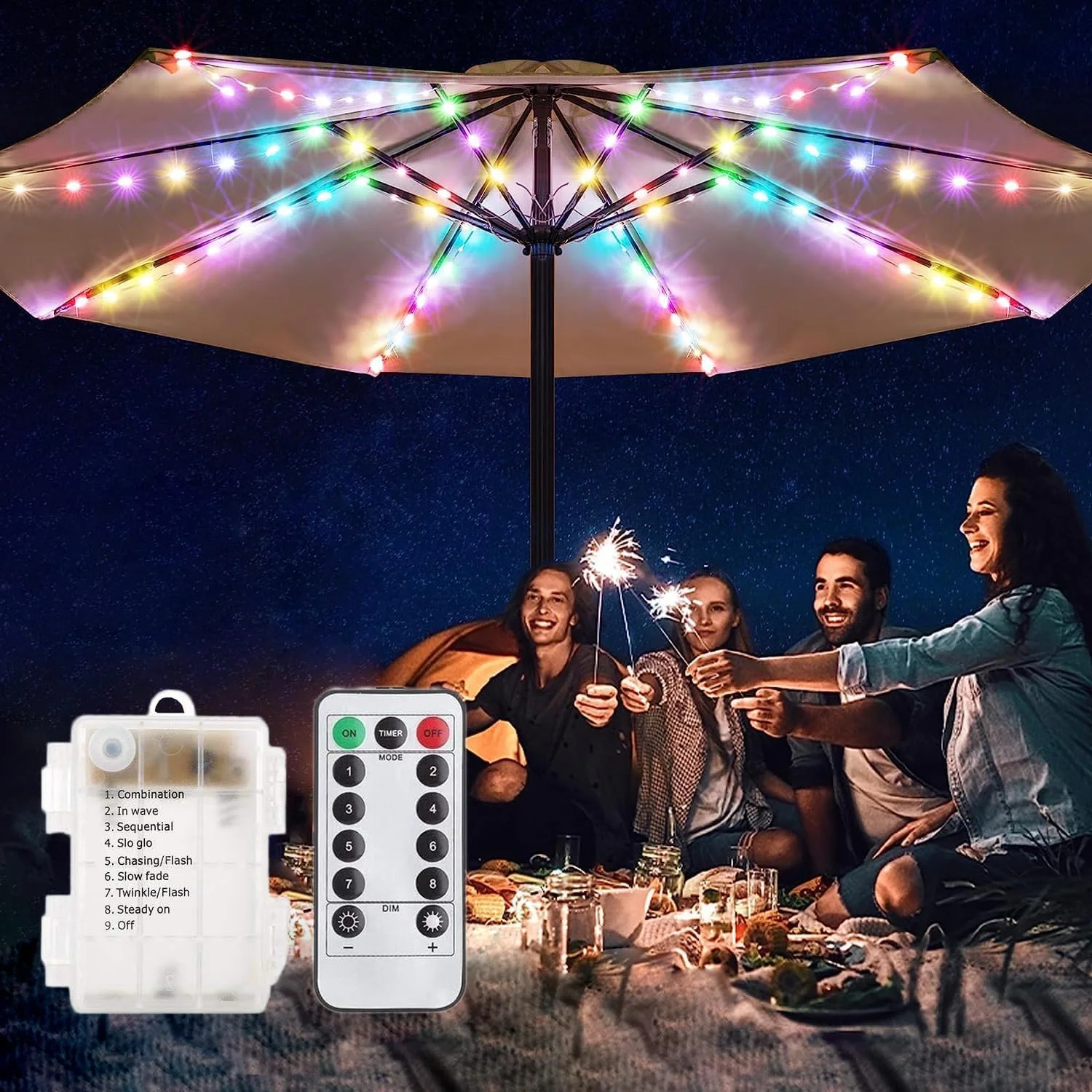 چراغ های چتری KINGCOO، 104 LED چراغ آویز چتر، چراغ تزئینی داخلی و خارجی، نوارهای روشنایی با کنترل از راه دور، تایمر، باتری خور برای چادرهای کمپینگ، باغ (چند رنگ)