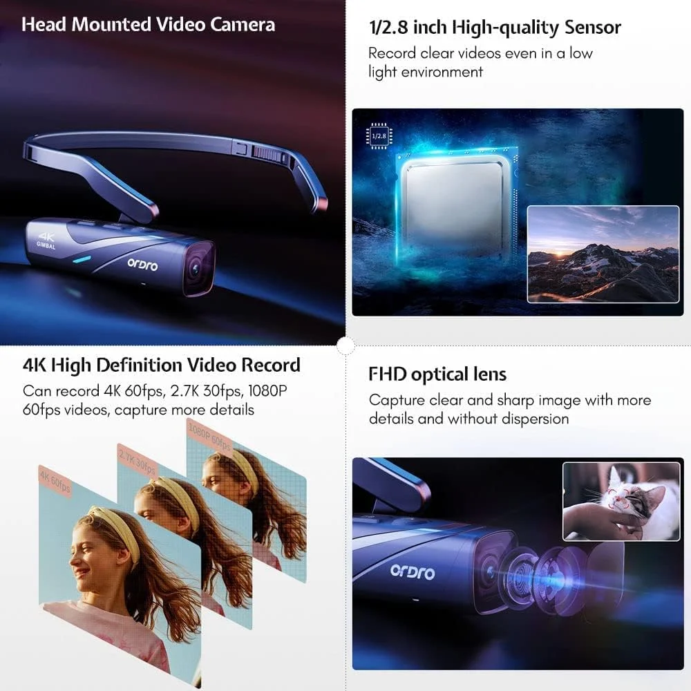 دوربین فیلمبرداری 4K اوردرو EP8 با سرعت 60 فریم بر ثانیه، دوربین فیلمبرداری قابل پوشیدن بدون دست برای وبلاگ، دوربین فیلمبرداری نصب شده روی سر، کنترل برنامه Wi-Fi، فوکوس خودکار، تثبیت کننده گیمبال 2 محوره با شارژر سریع