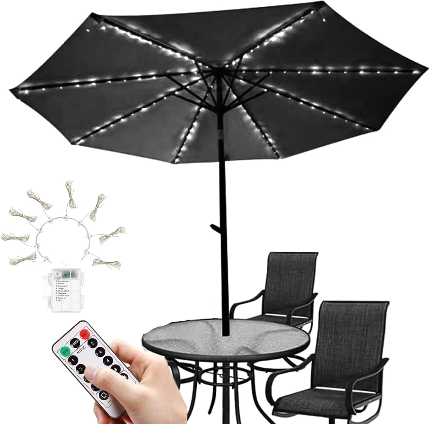 چراغ های ریسه ای چتری KINGCOO، ضد آب 104LED با کنترل از راه دور 8 حالت کارکرد با باتری، چراغ های آویز تزئینی برای چترهای پاسیو فضای باز، چادرهای کمپینگ (سفید یخی)