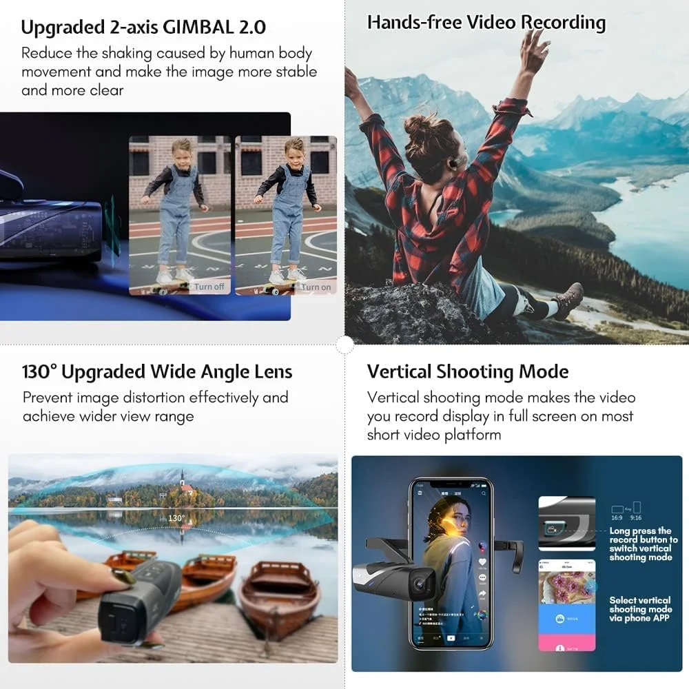 دوربین فیلمبرداری 4K اوردرو EP8 با سرعت 60 فریم بر ثانیه، دوربین فیلمبرداری قابل پوشیدن بدون دست برای وبلاگ، دوربین فیلمبرداری نصب شده روی سر، کنترل برنامه Wi-Fi، فوکوس خودکار، تثبیت کننده گیمبال 2 محوره با شارژر سریع