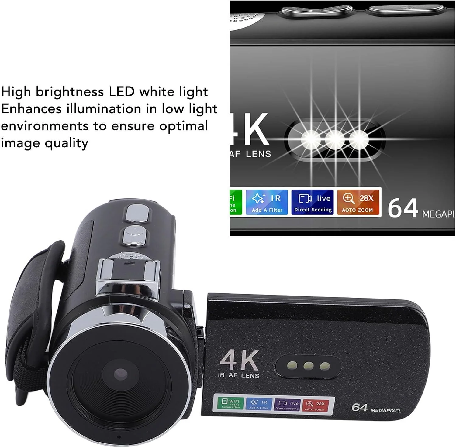 دوربین فیلمبرداری 4K Fockety، دوربین فیلمبرداری دیجیتال 64 مگاپیکسلی با فوکوس خودکار و صفحه نمایش 3 اینچی IPS HD، زوم دیجیتال 28X و نور LED، دوربین ولاگ برای یوتیوب، عکاسی، پشتیبانی از کارت SD 128 گیگابایتی